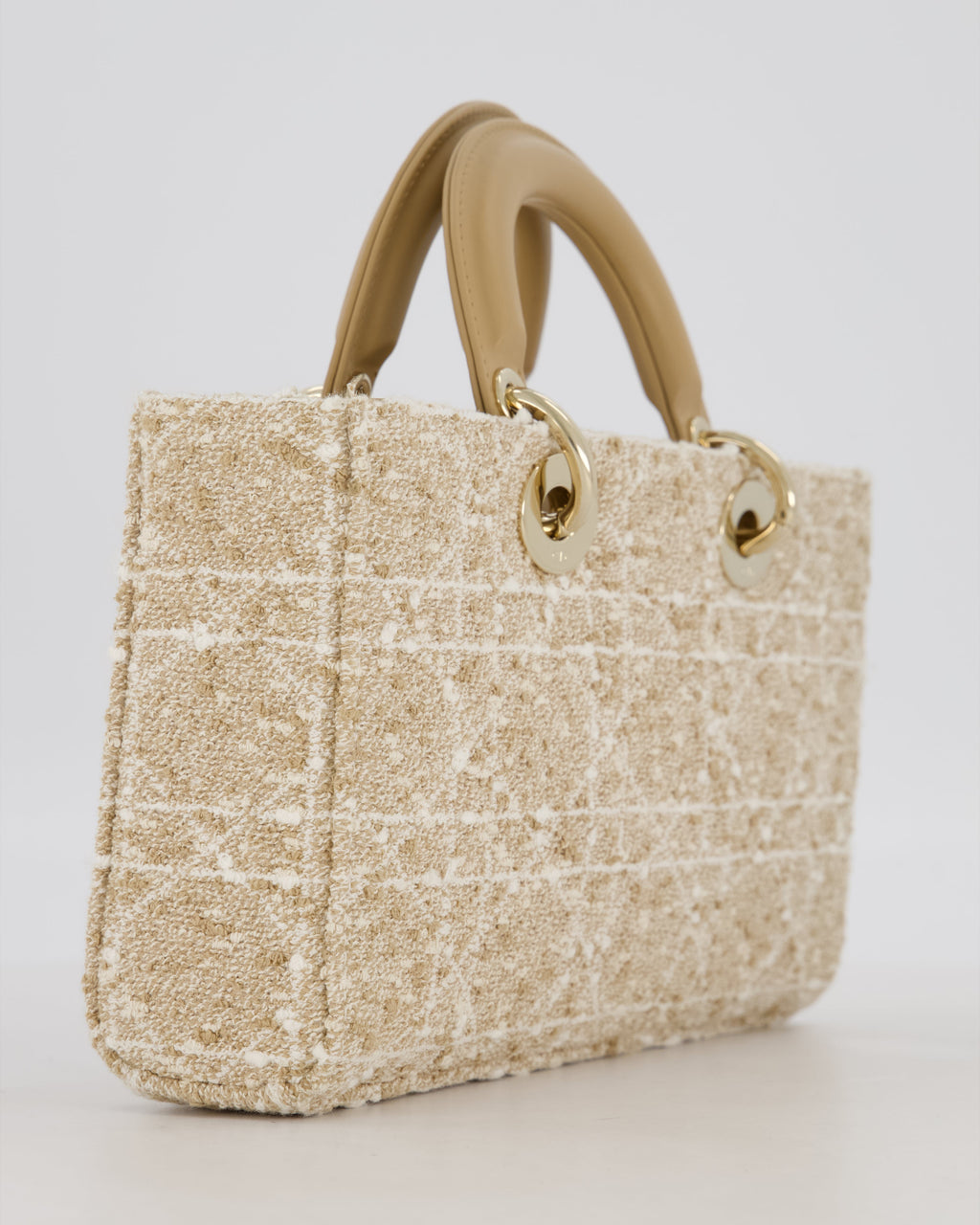 Christian Dior Medium D-Joy in Beige & Écru Tweed Canvas & Beige Leather Handles with Champagne Gold Hardware
