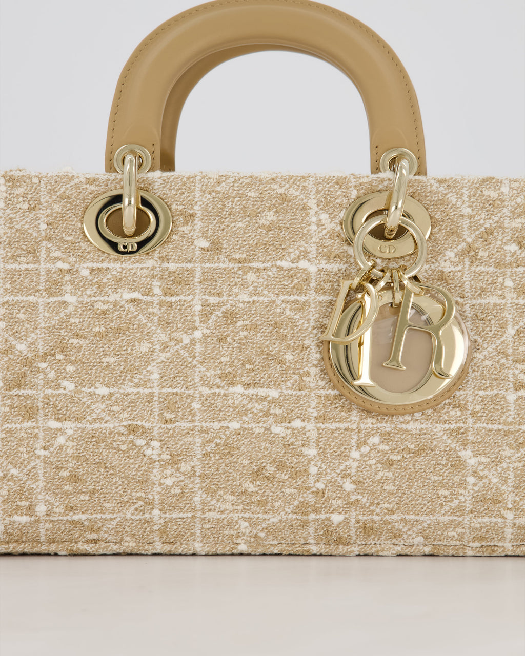 Christian Dior Medium D-Joy in Beige & Écru Tweed Canvas & Beige Leather Handles with Champagne Gold Hardware