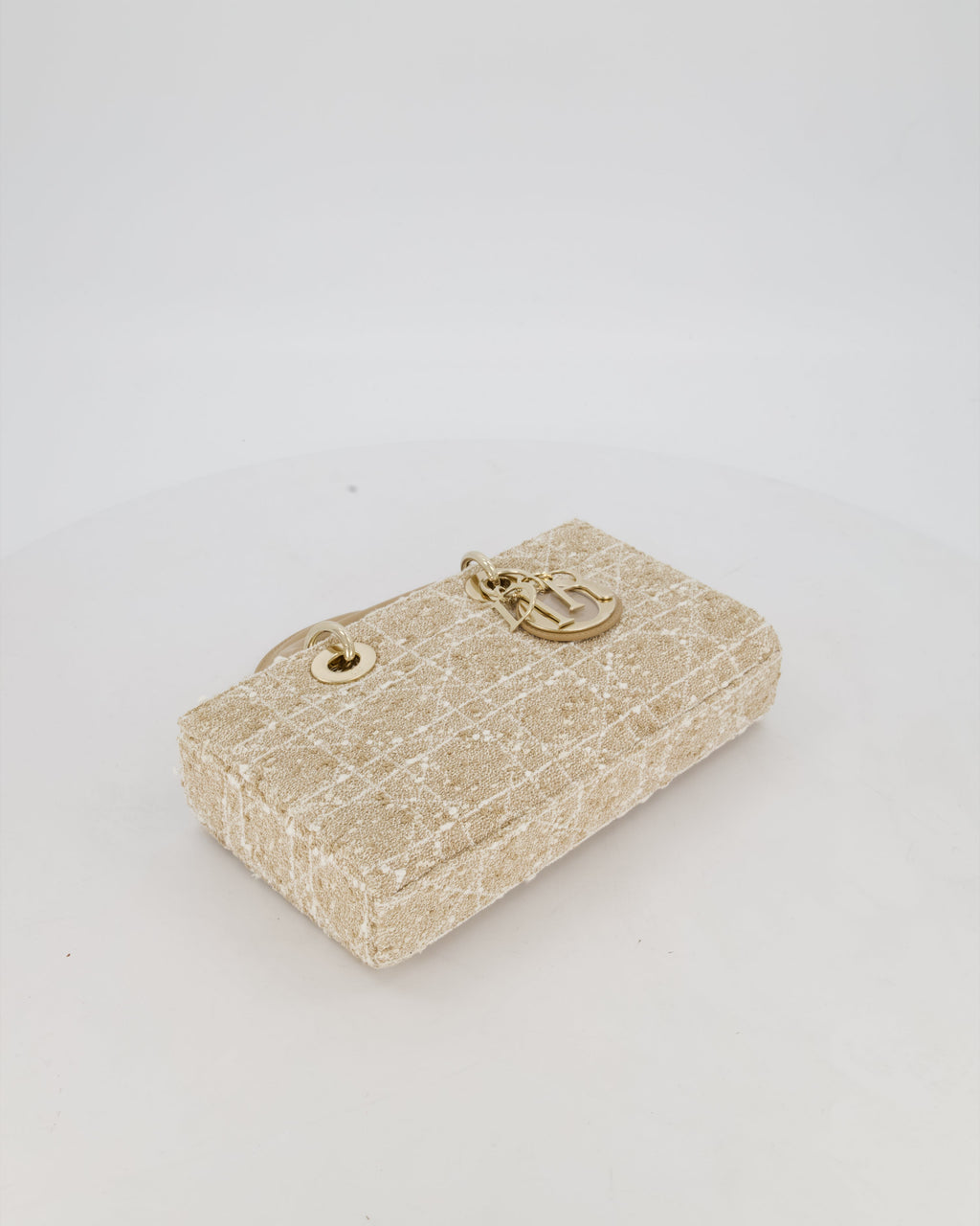 Christian Dior Medium D-Joy in Beige & Écru Tweed Canvas & Beige Leather Handles with Champagne Gold Hardware
