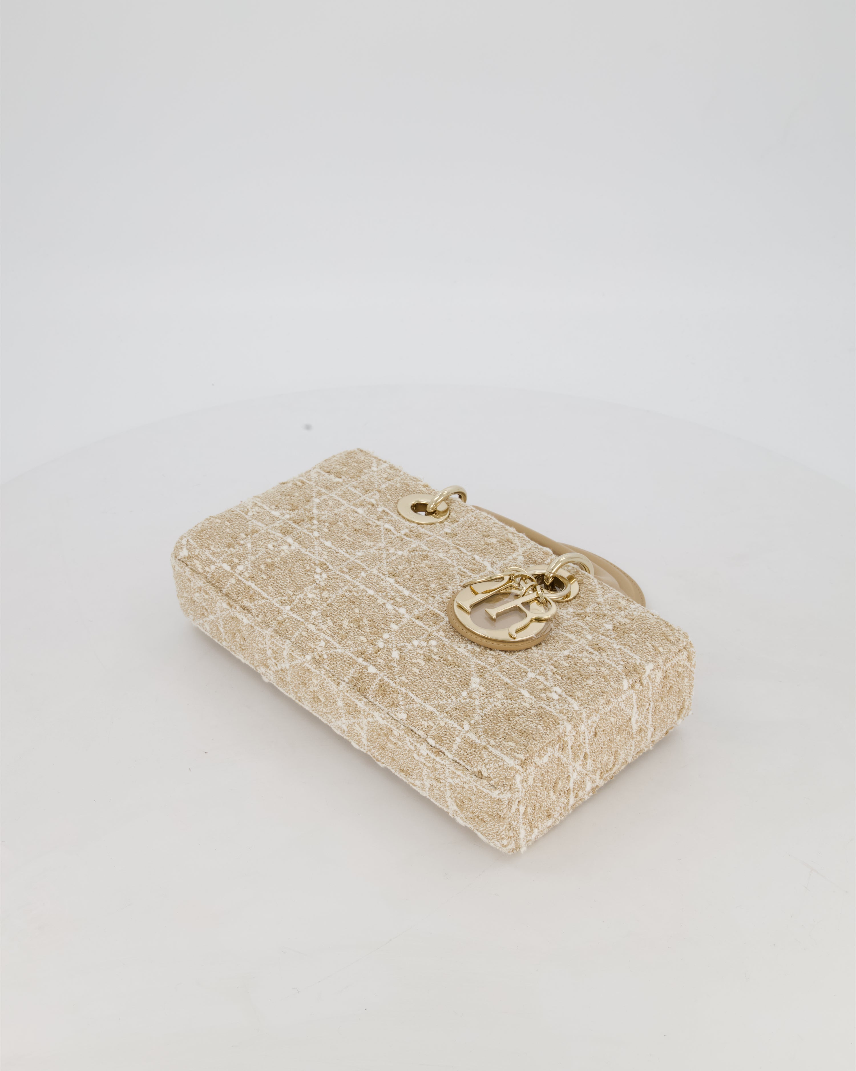 Christian Dior Medium D-Joy in Beige & Écru Tweed Canvas & Beige Leather Handles with Champagne Gold Hardware