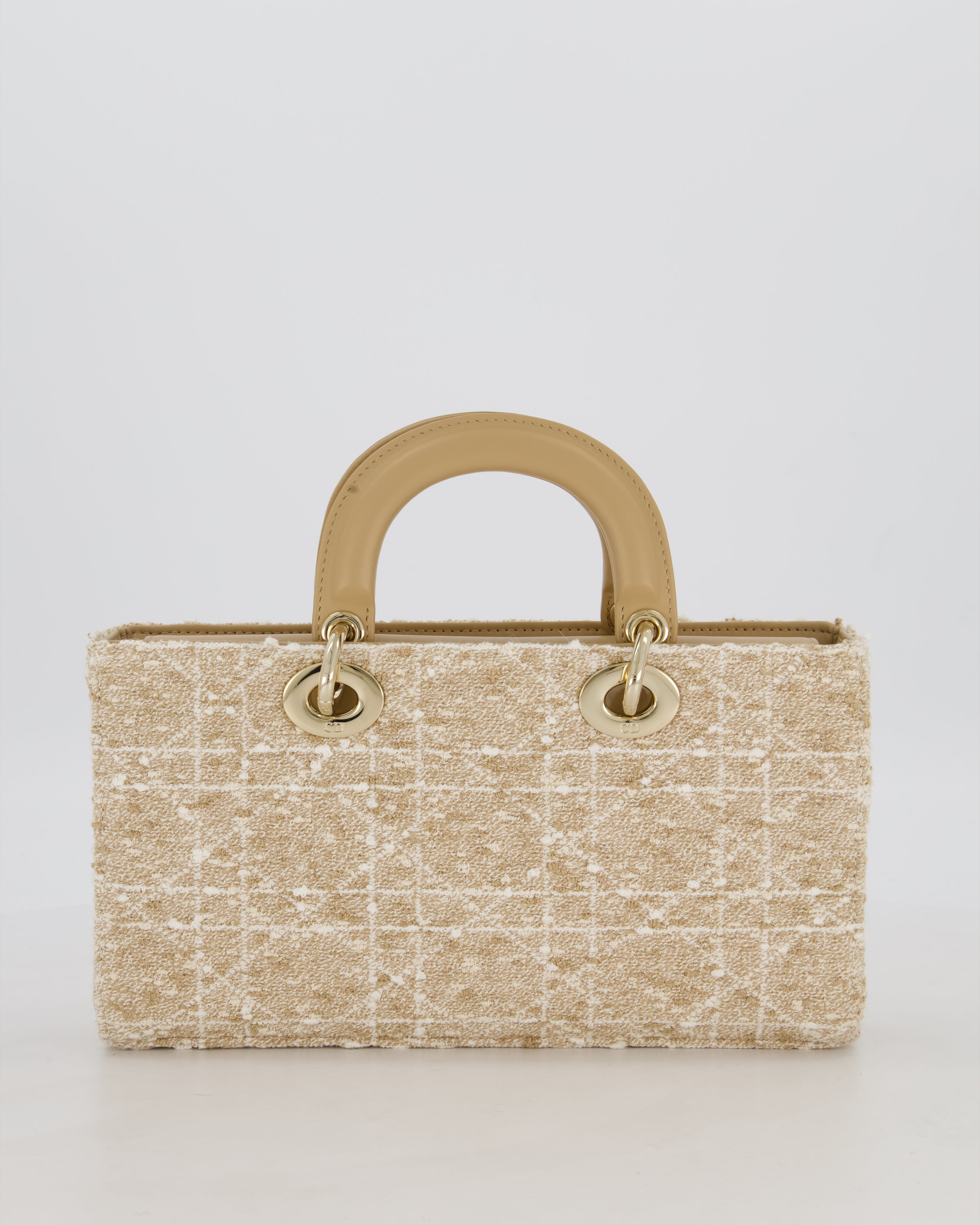 Christian Dior Medium D-Joy in Beige & Écru Tweed Canvas & Beige Leather Handles with Champagne Gold Hardware