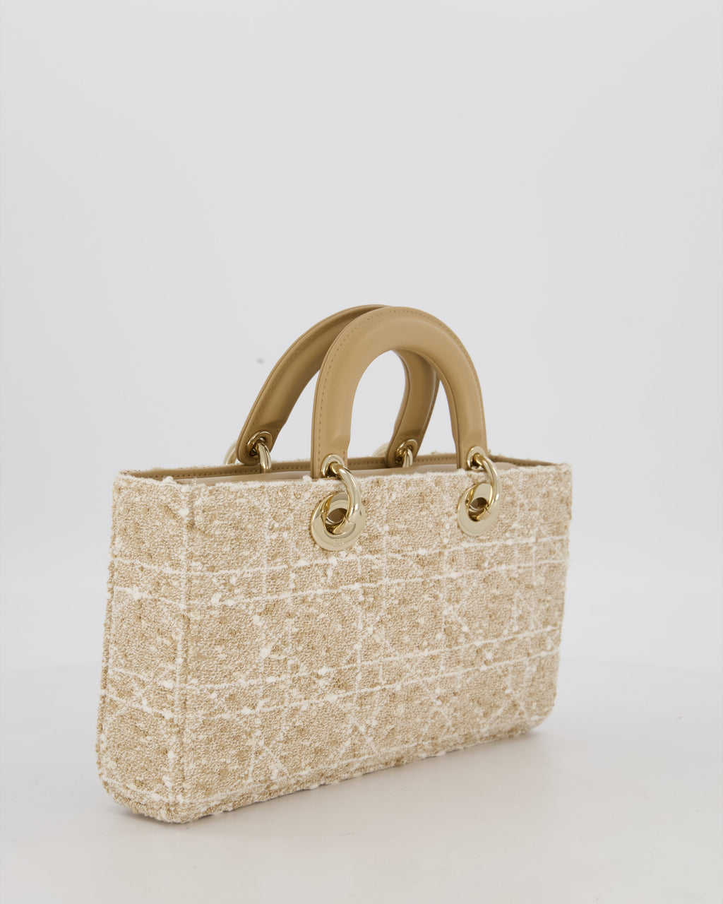 Christian Dior Medium D-Joy in Beige & Écru Tweed Canvas & Beige Leather Handles with Champagne Gold Hardware