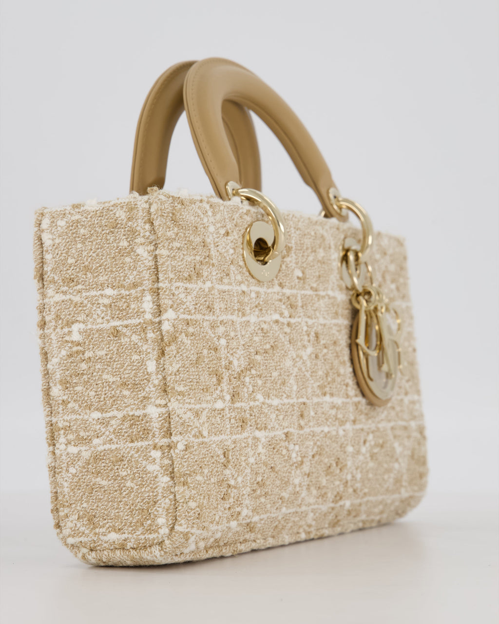 Christian Dior Medium D-Joy in Beige & Écru Tweed Canvas & Beige Leather Handles with Champagne Gold Hardware