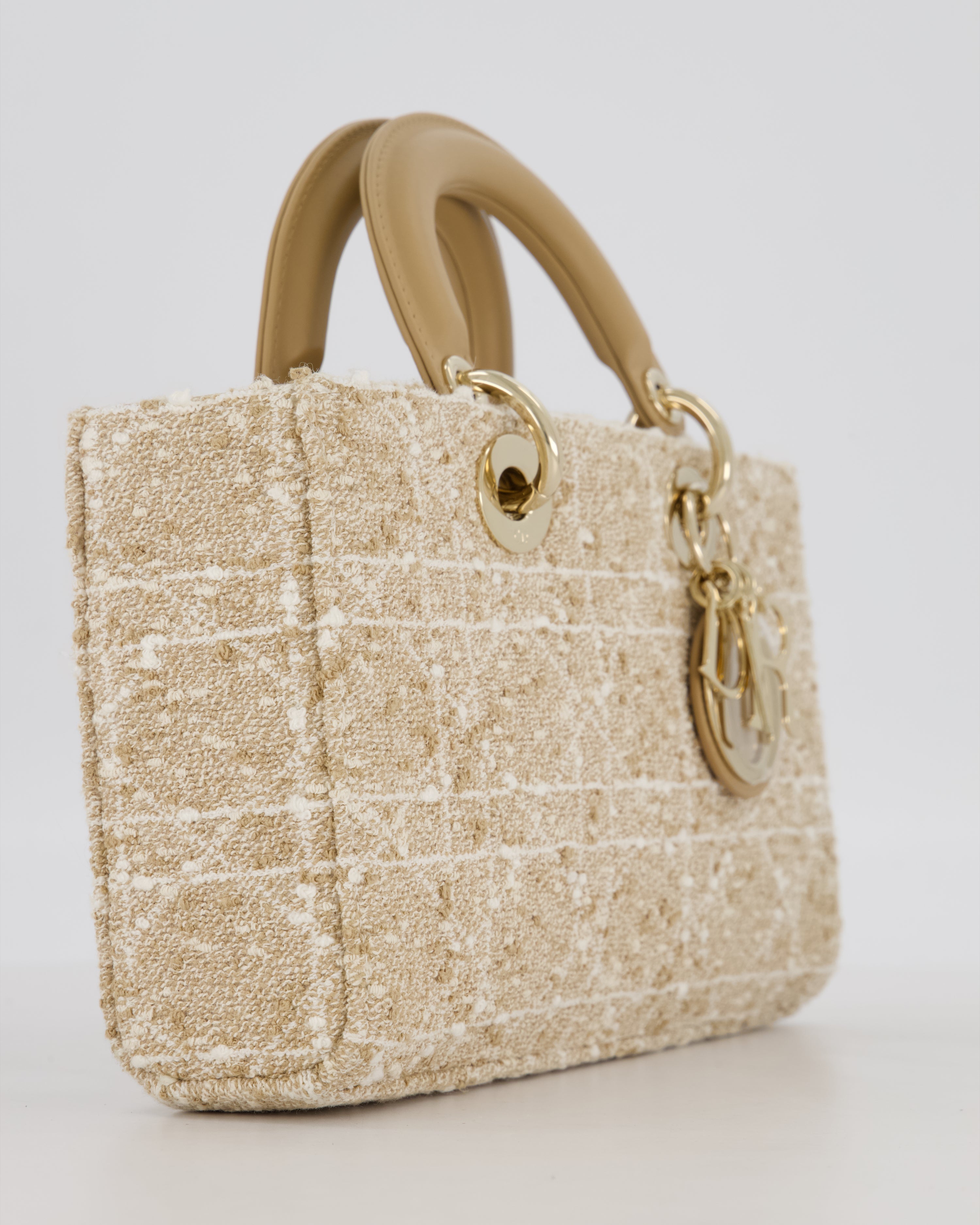 Christian Dior Medium D-Joy in Beige & Écru Tweed Canvas & Beige Leather Handles with Champagne Gold Hardware