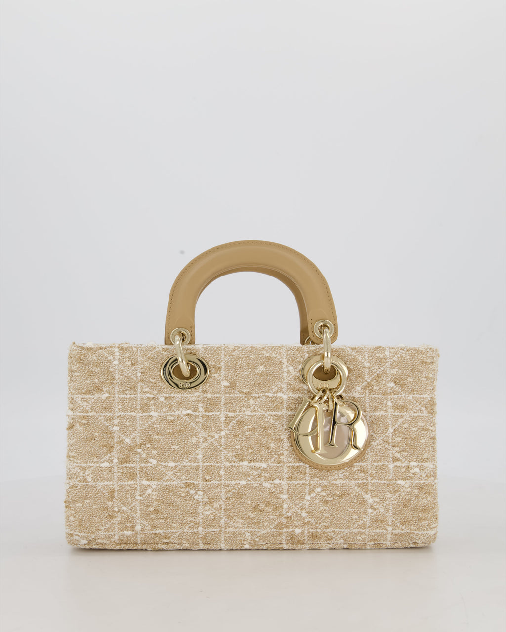 Christian Dior Medium D-Joy in Beige & Écru Tweed Canvas & Beige Leather Handles with Champagne Gold Hardware