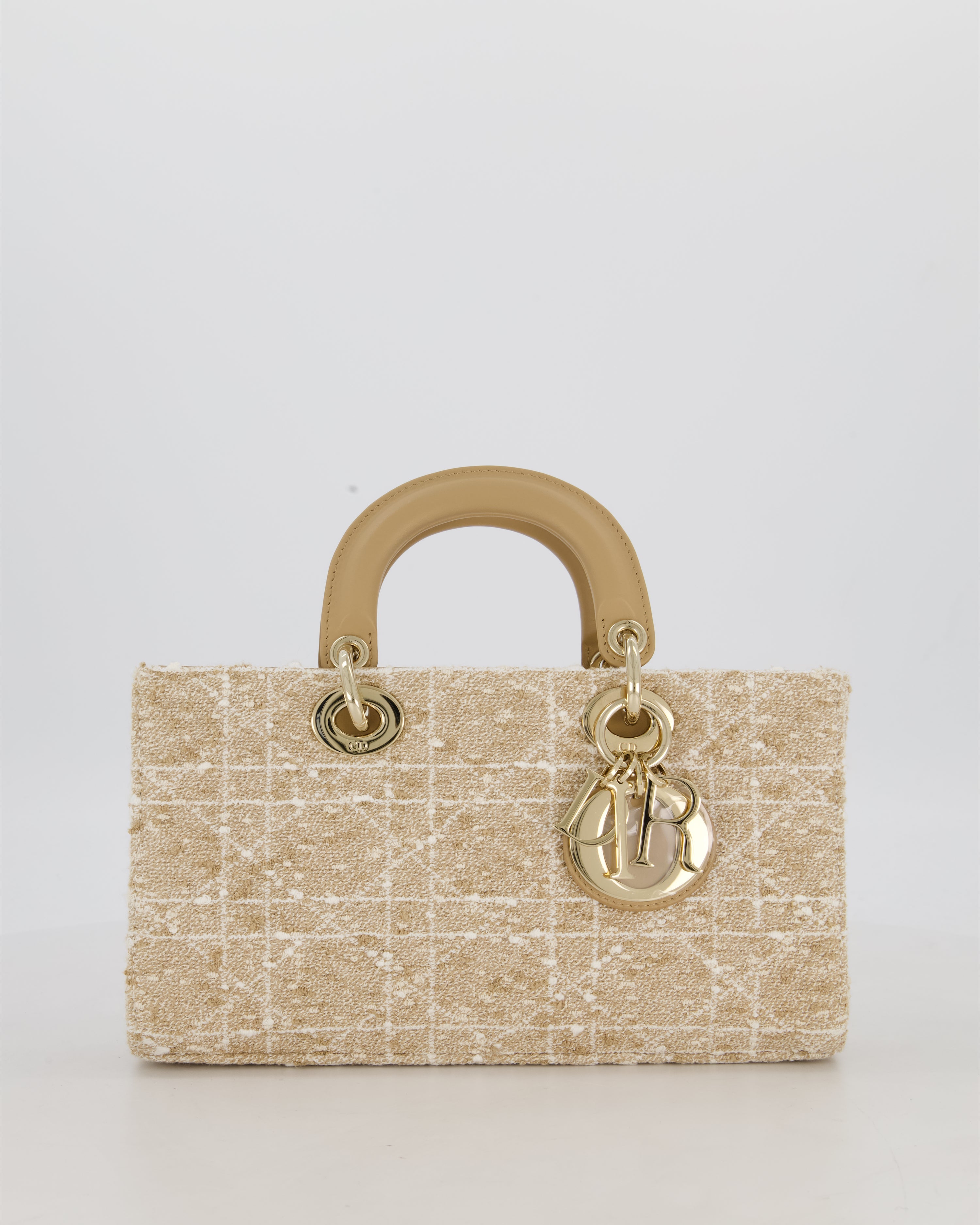 Christian Dior Medium D-Joy in Beige & Écru Tweed Canvas & Beige Leather Handles with Champagne Gold Hardware