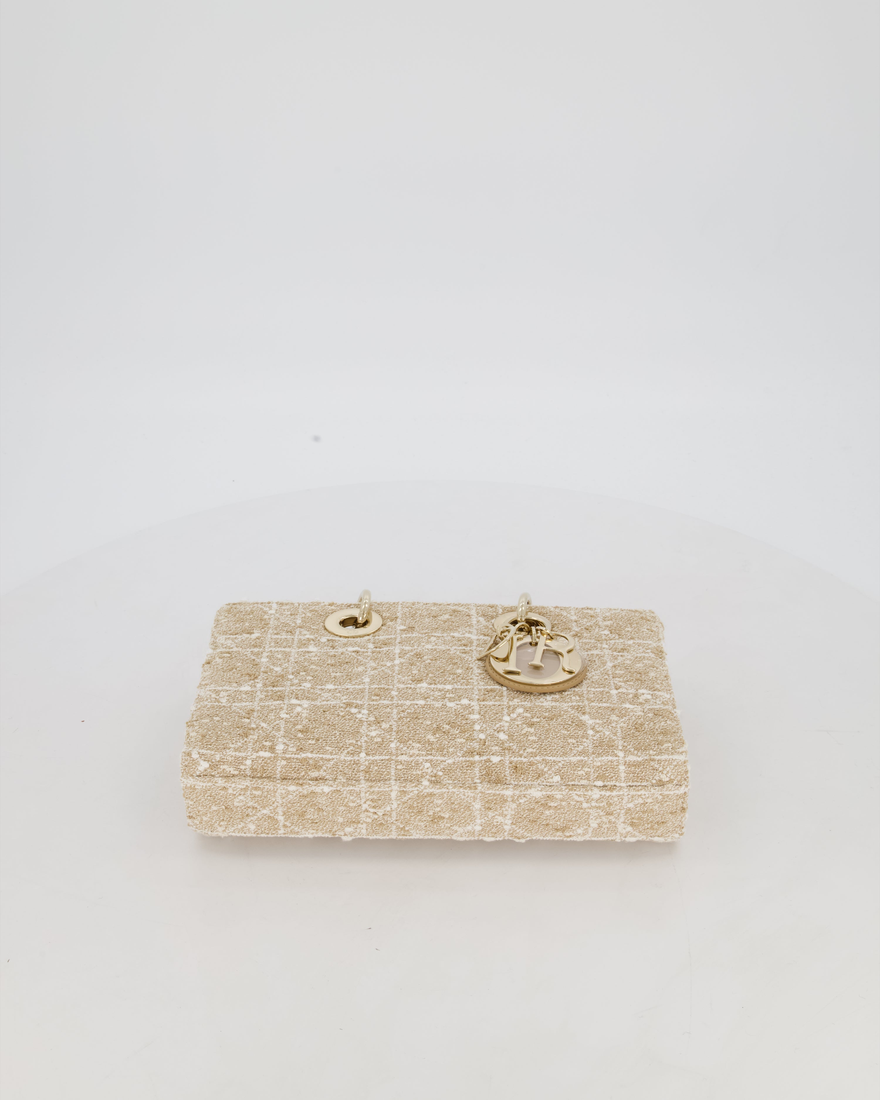 Christian Dior Medium D-Joy in Beige & Écru Tweed Canvas & Beige Leather Handles with Champagne Gold Hardware
