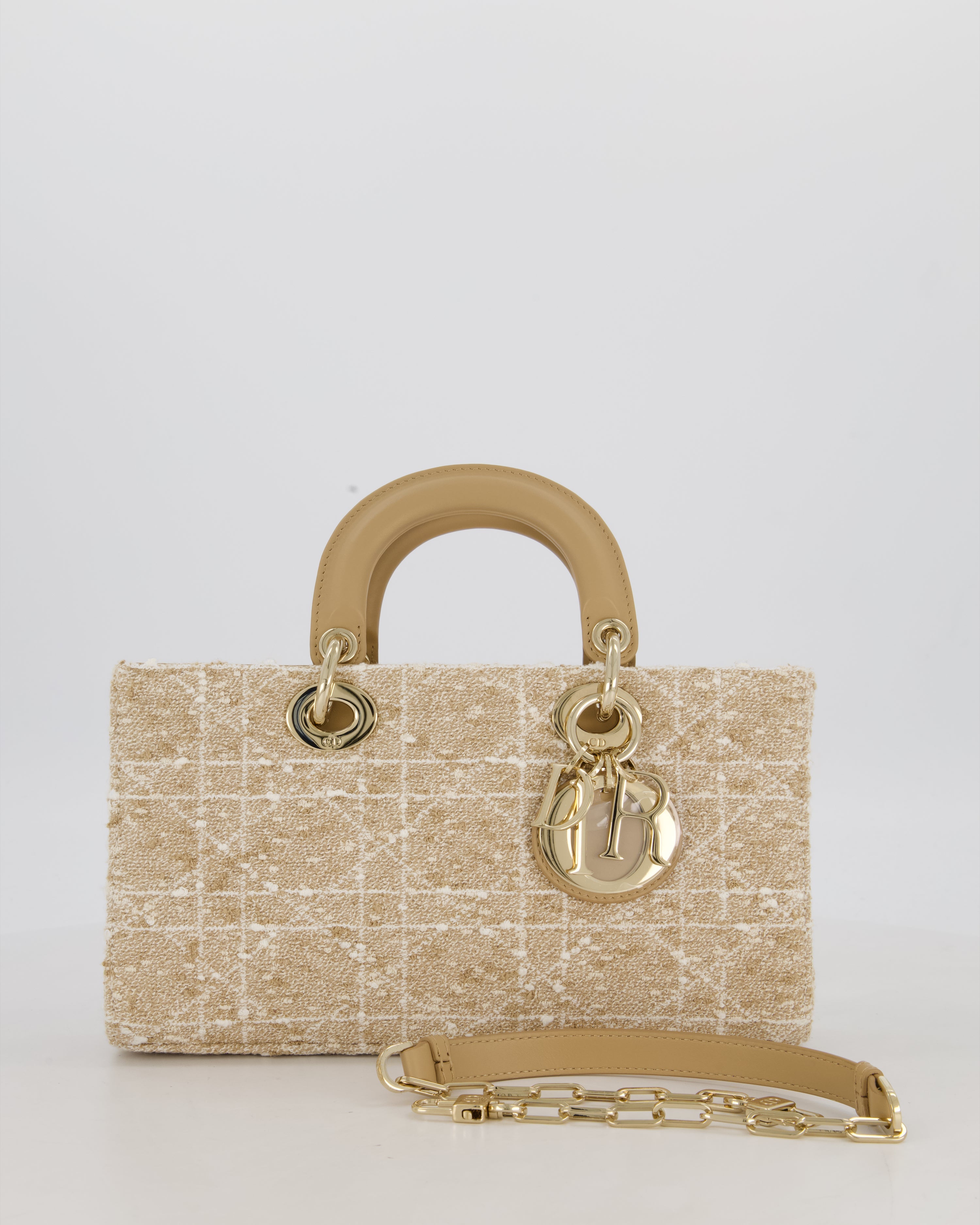 Christian Dior Medium D-Joy in Beige & Écru Tweed Canvas & Beige Leather Handles with Champagne Gold Hardware
