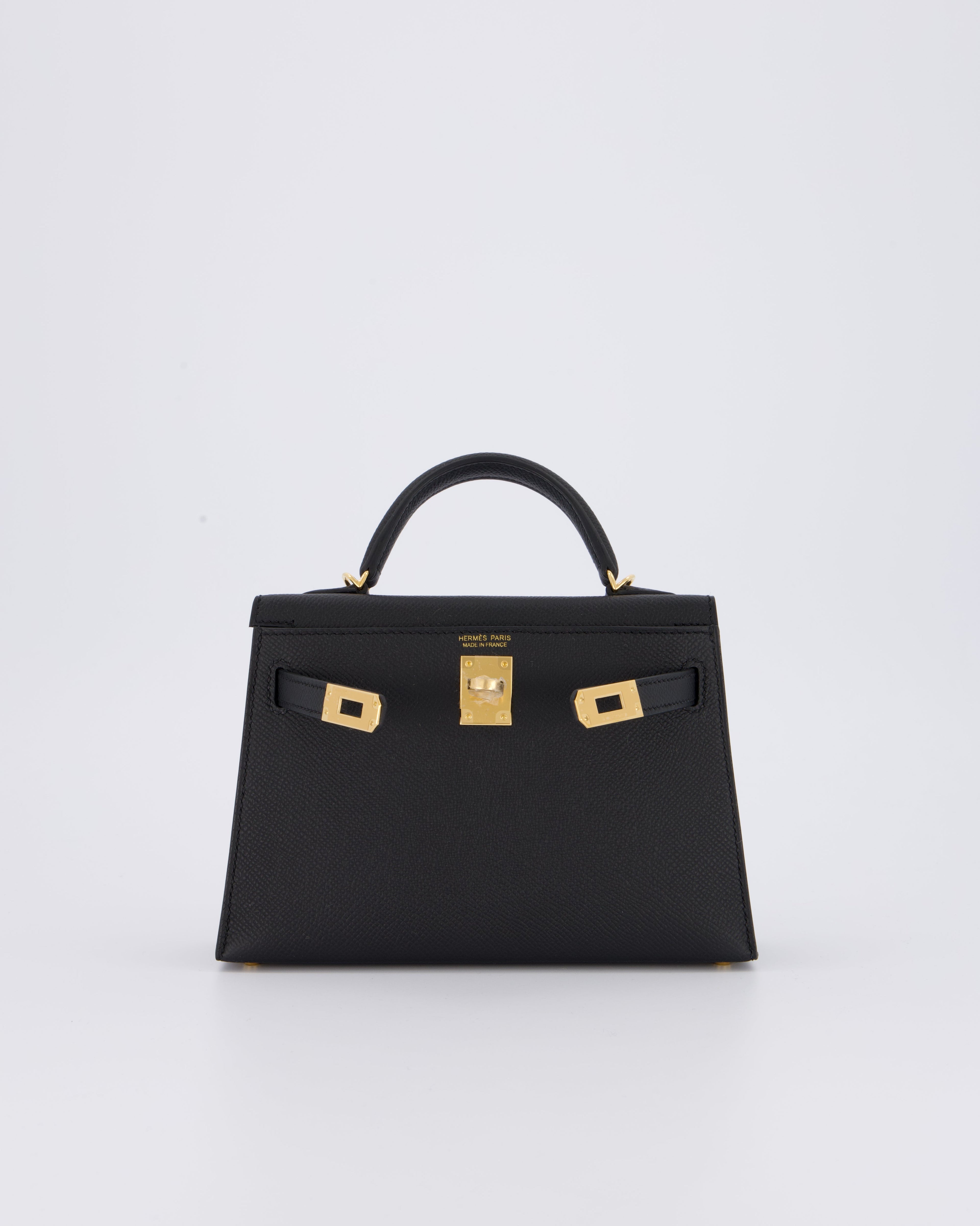 *HOT* Hermès Mini Kelly II 20 Bag in Noir Epsom Leather with Gold Hardware