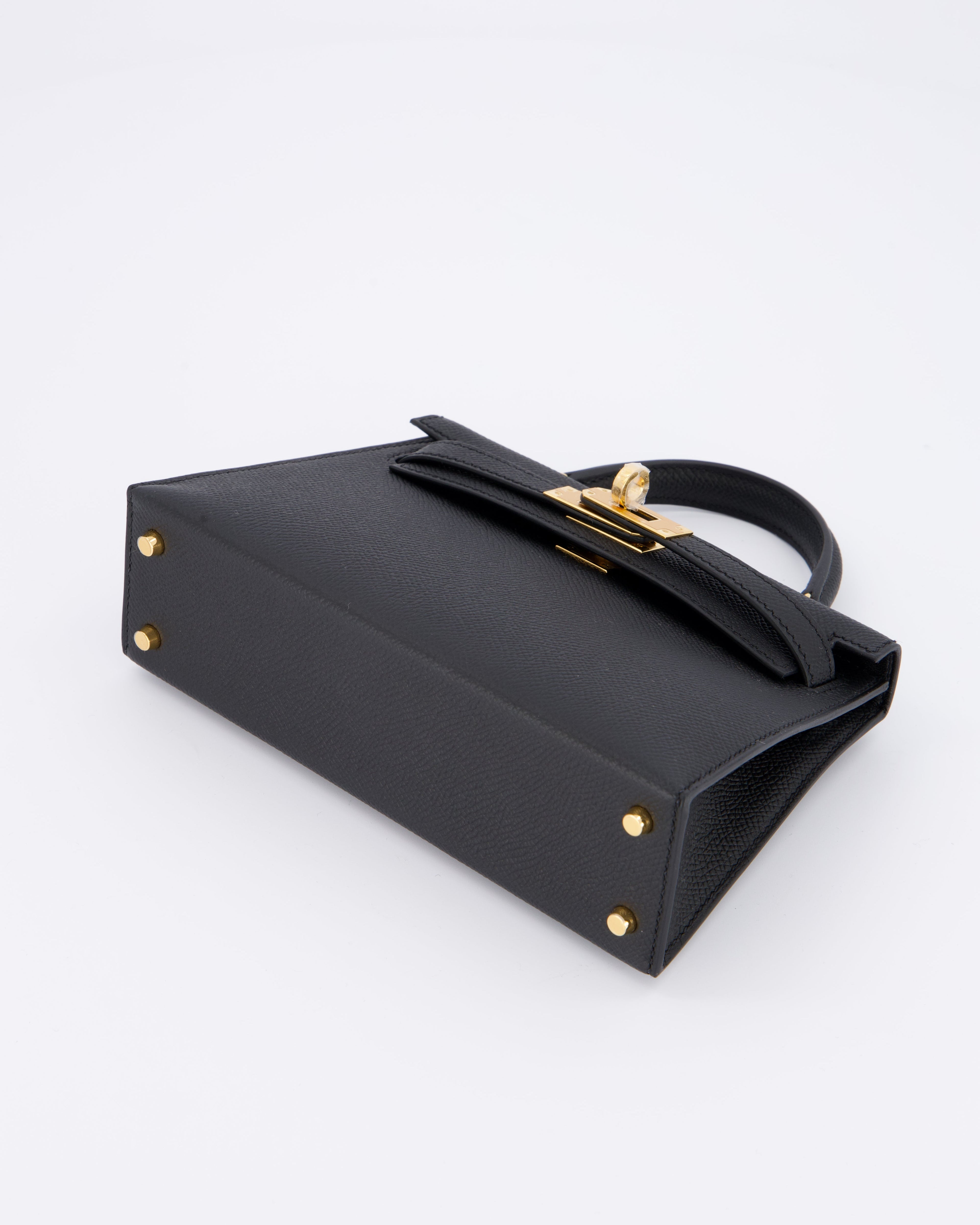 *HOT* Hermès Mini Kelly II 20 Bag in Noir Epsom Leather with Gold Hardware