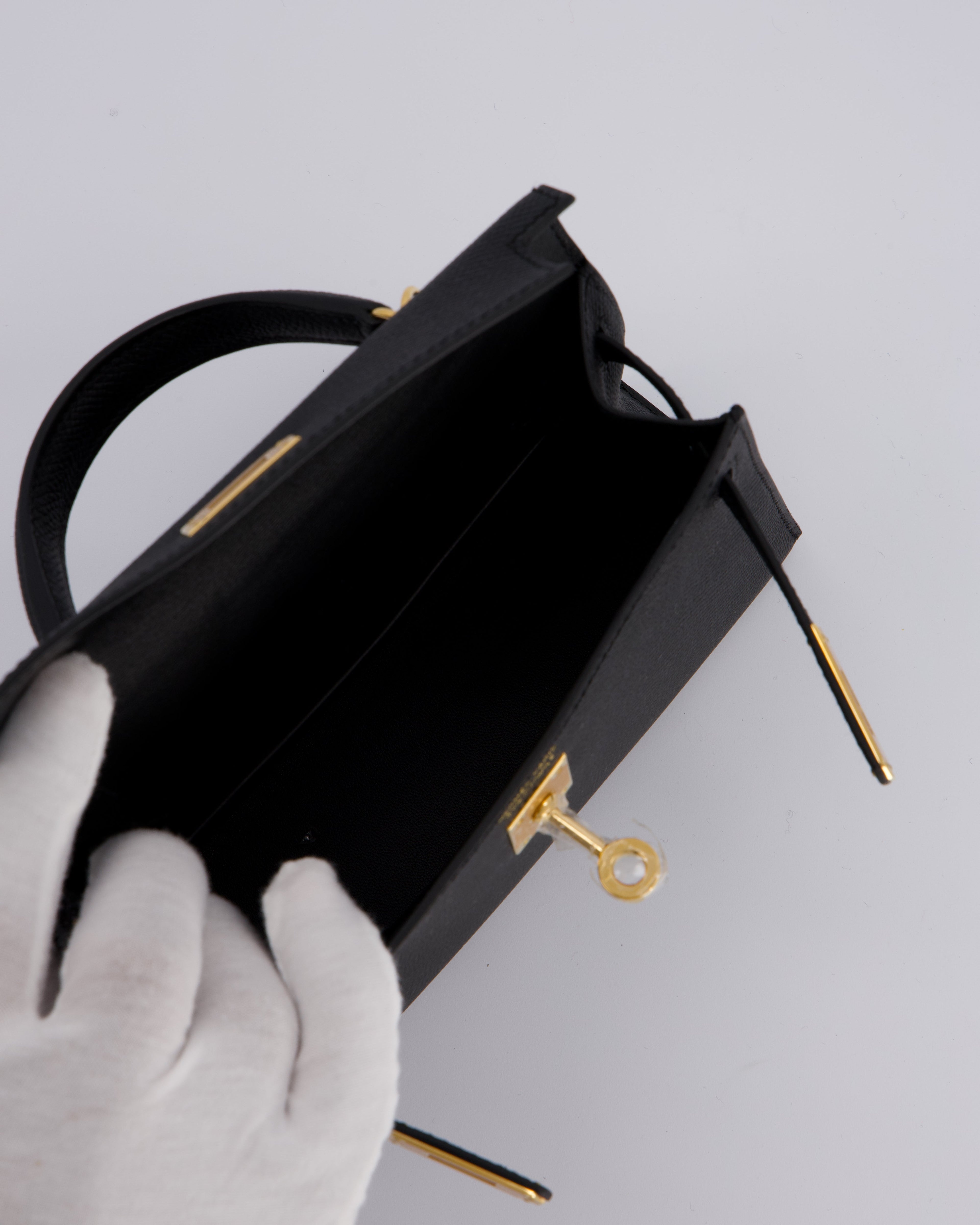 *HOT* Hermès Mini Kelly II 20 Bag in Noir Epsom Leather with Gold Hardware