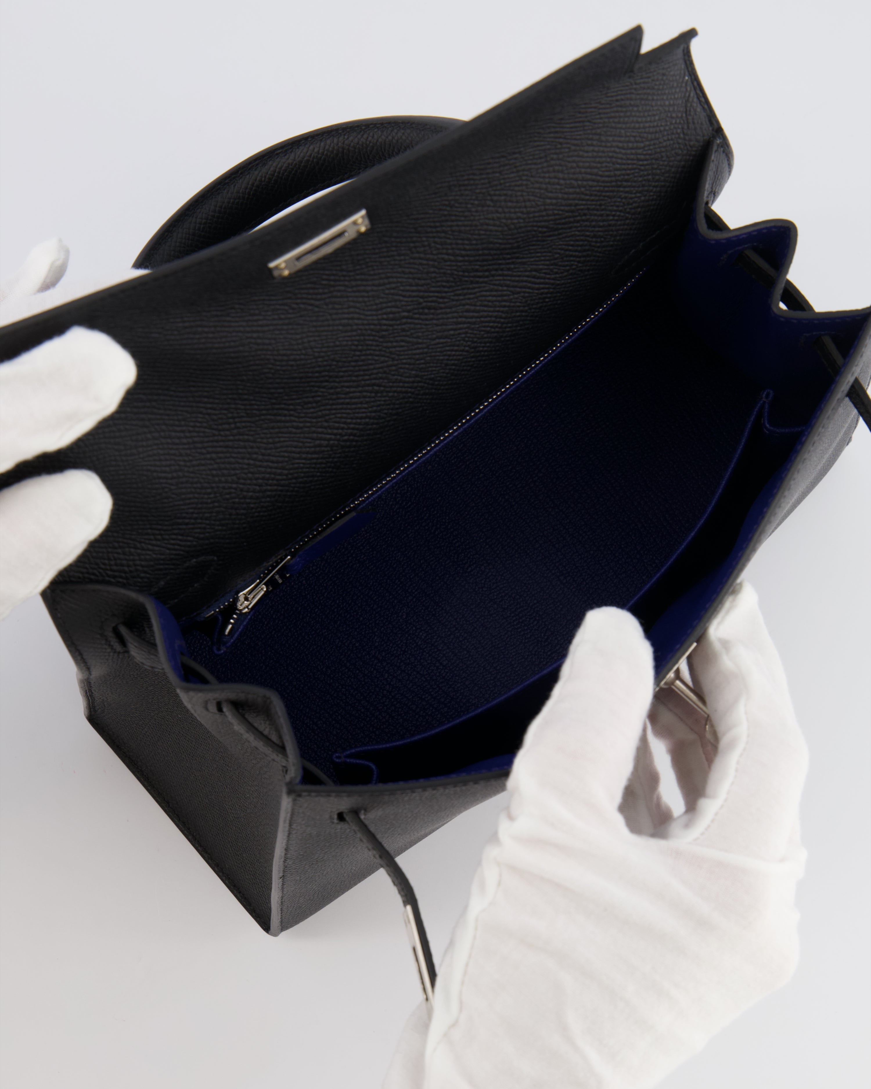 Hermès HSS Kelly 25 Sellier Bag in Noir Epsom Leather and Bleu Zellige Interior with Brushed Palladium Hardware&nbsp;