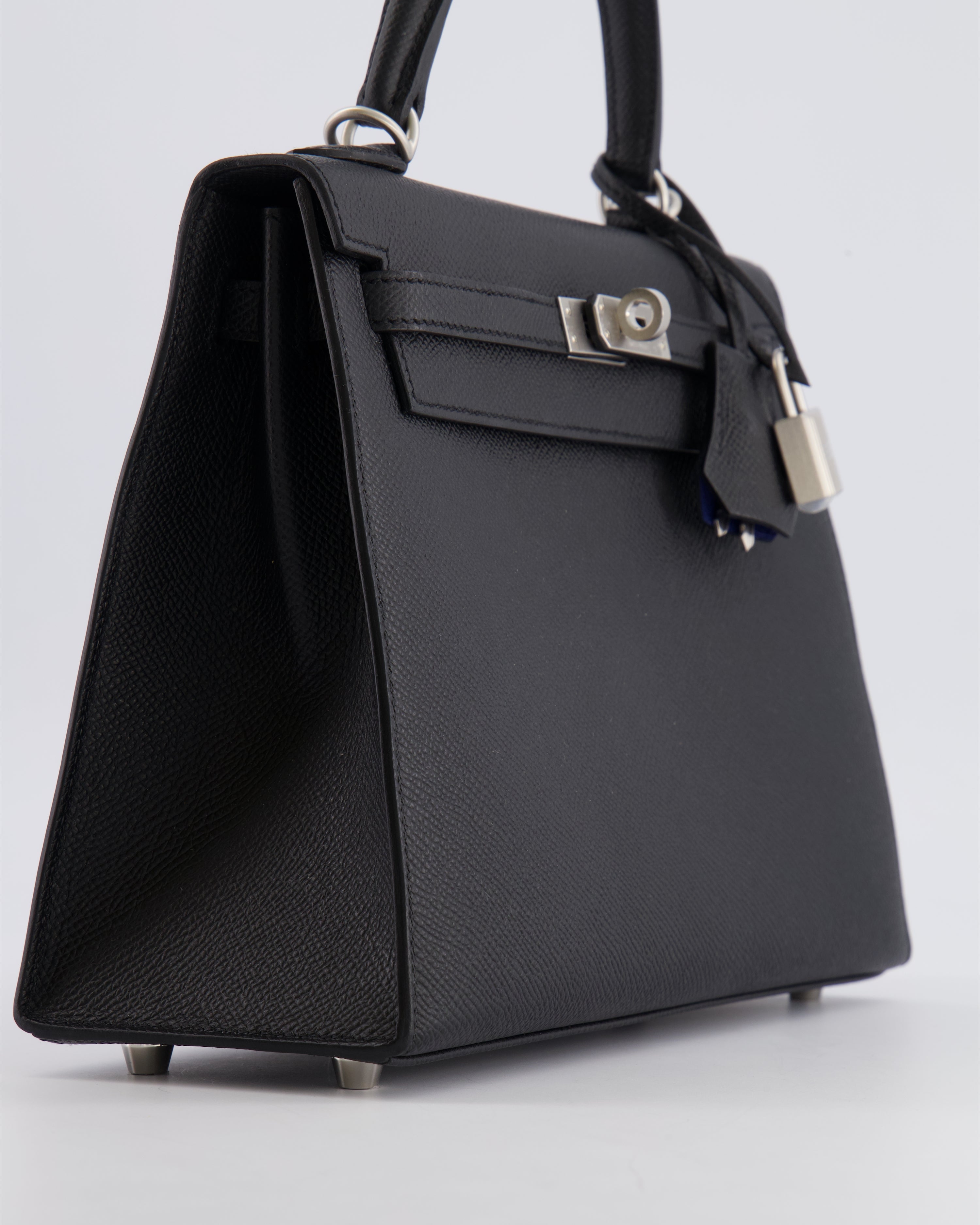 Hermès HSS Kelly 25 Sellier Bag in Noir Epsom Leather and Bleu Zellige Interior with Brushed Palladium Hardware&nbsp;