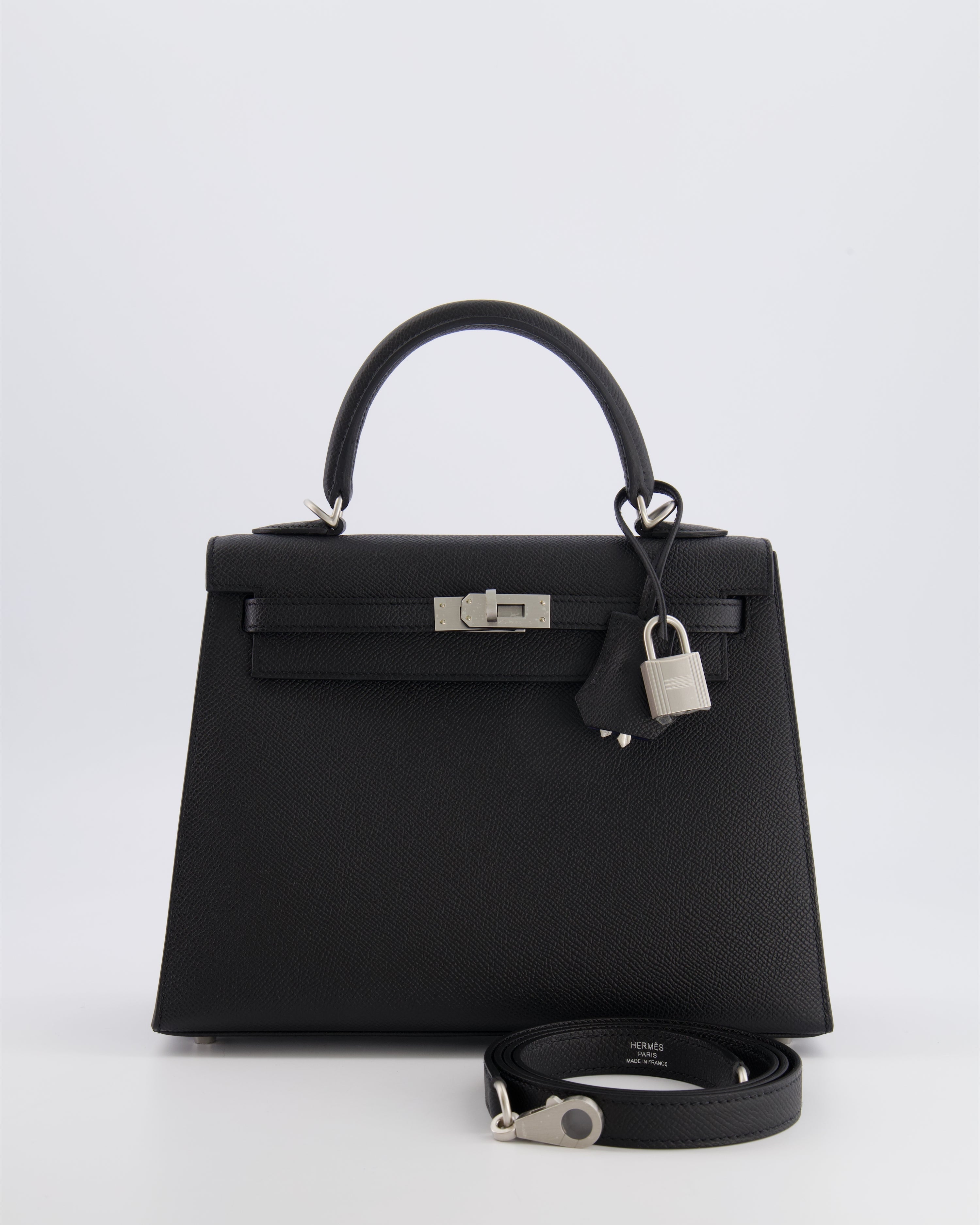 Hermès HSS Kelly 25 Sellier Bag in Noir Epsom Leather and Bleu Zellige Interior with Brushed Palladium Hardware&nbsp;