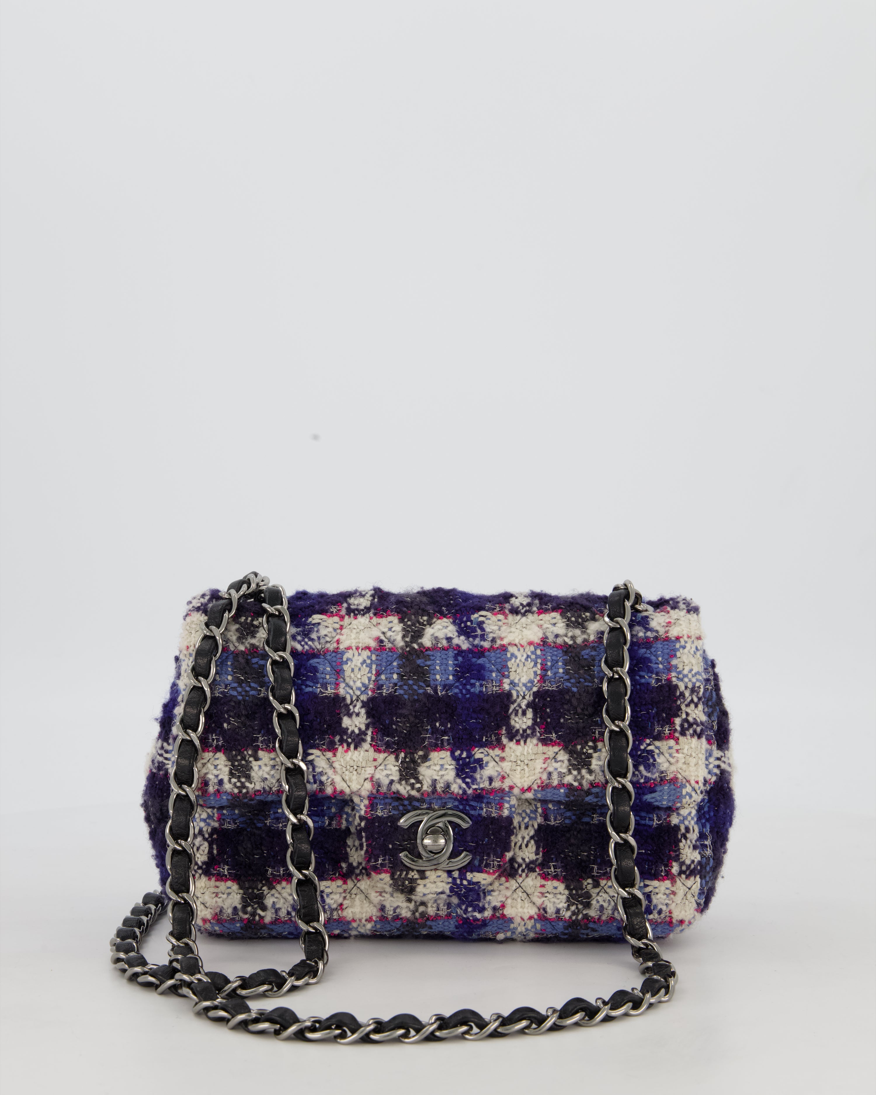 Chanel Navy, Cream, Blue and Pink Tweed Mini Rectangular Flap Bag with Silver Hardware