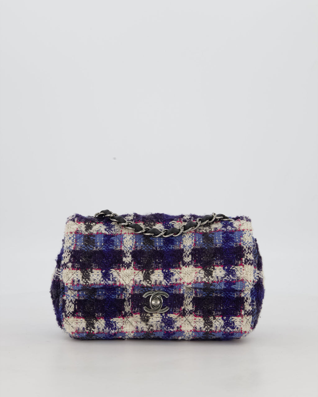 Chanel Navy, Cream, Blue and Pink Tweed Mini Rectangular Flap Bag with Silver Hardware