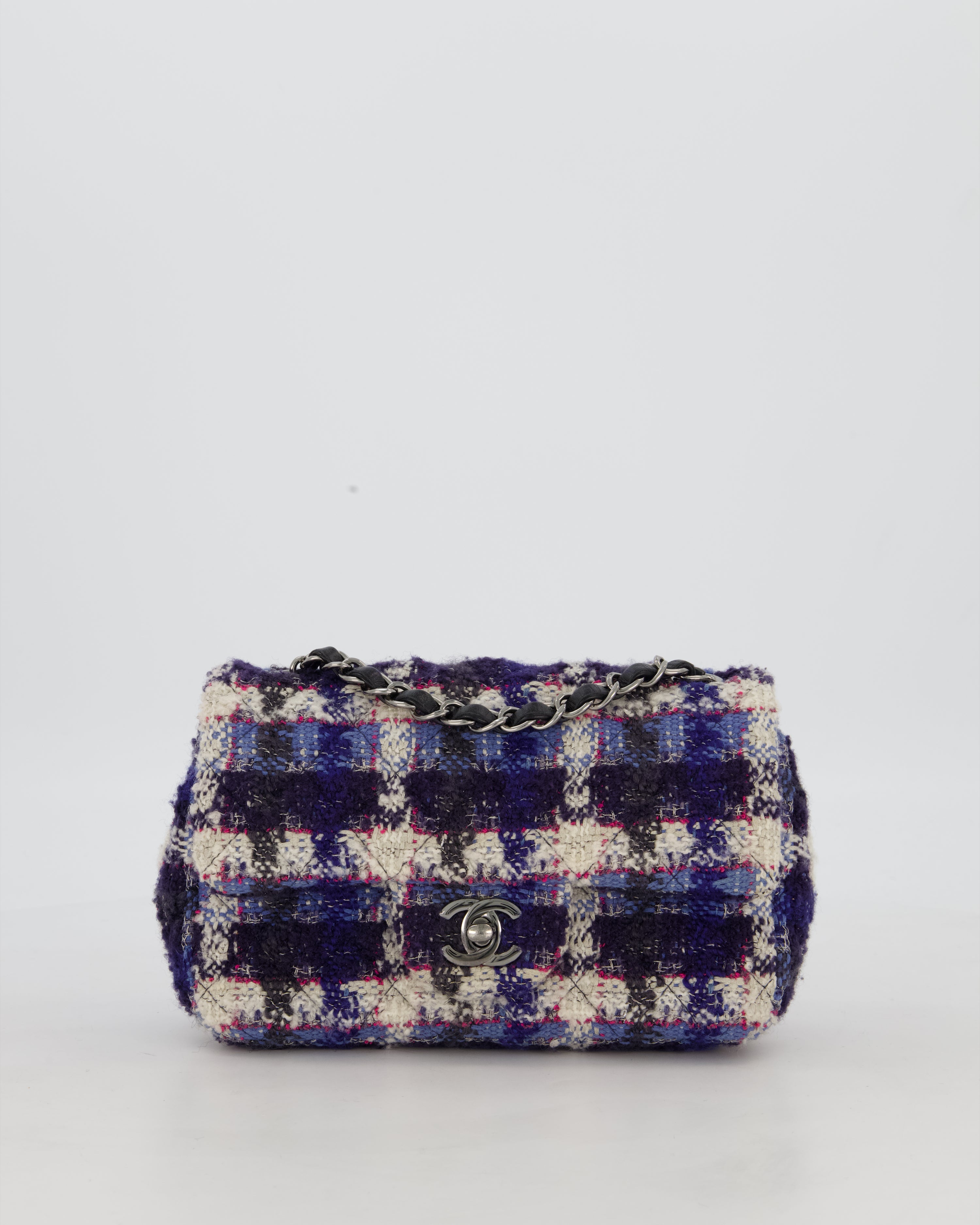 Chanel Navy, Cream, Blue and Pink Tweed Mini Rectangular Flap Bag with Silver Hardware