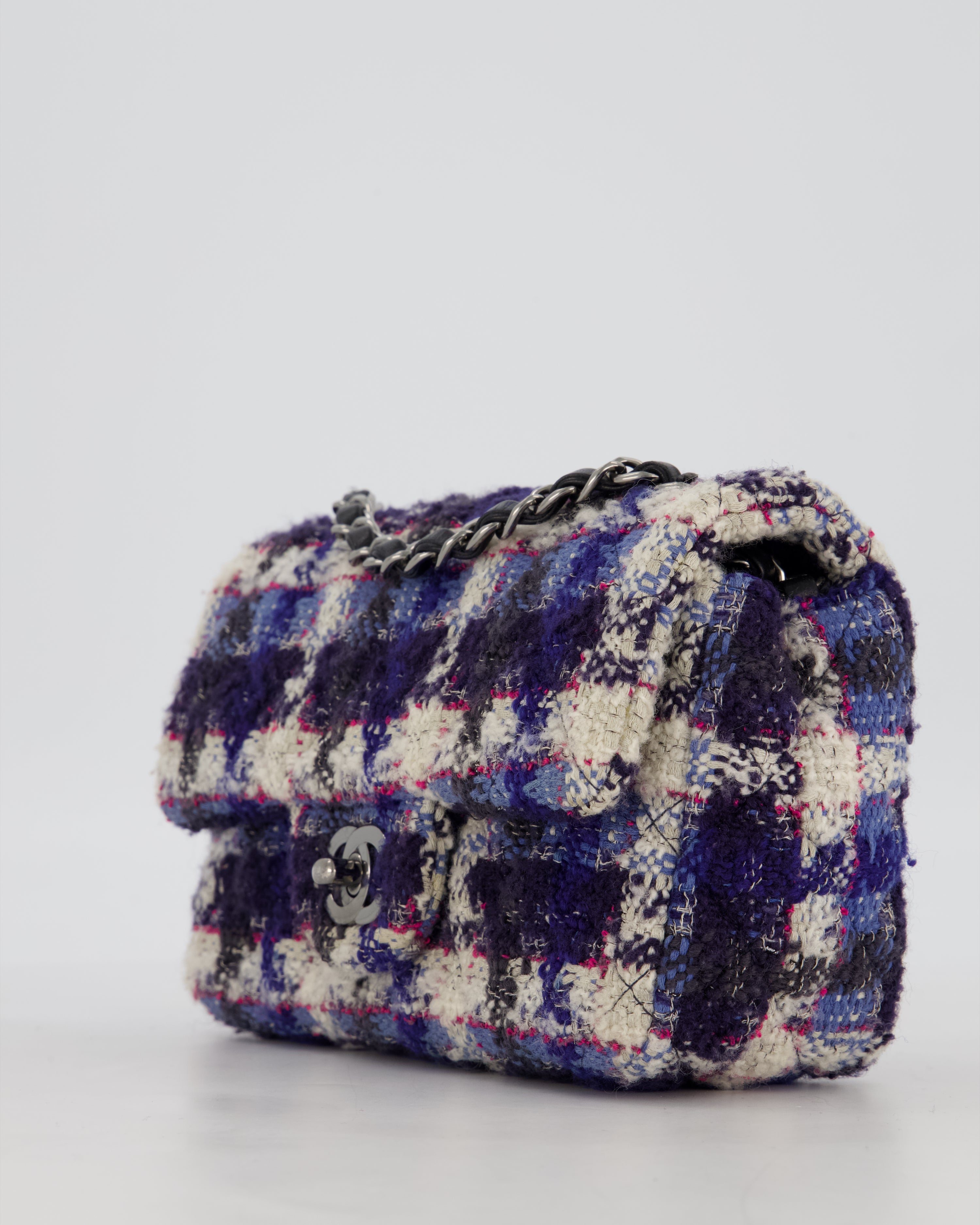 Chanel Navy, Cream, Blue and Pink Tweed Mini Rectangular Flap Bag with Silver Hardware