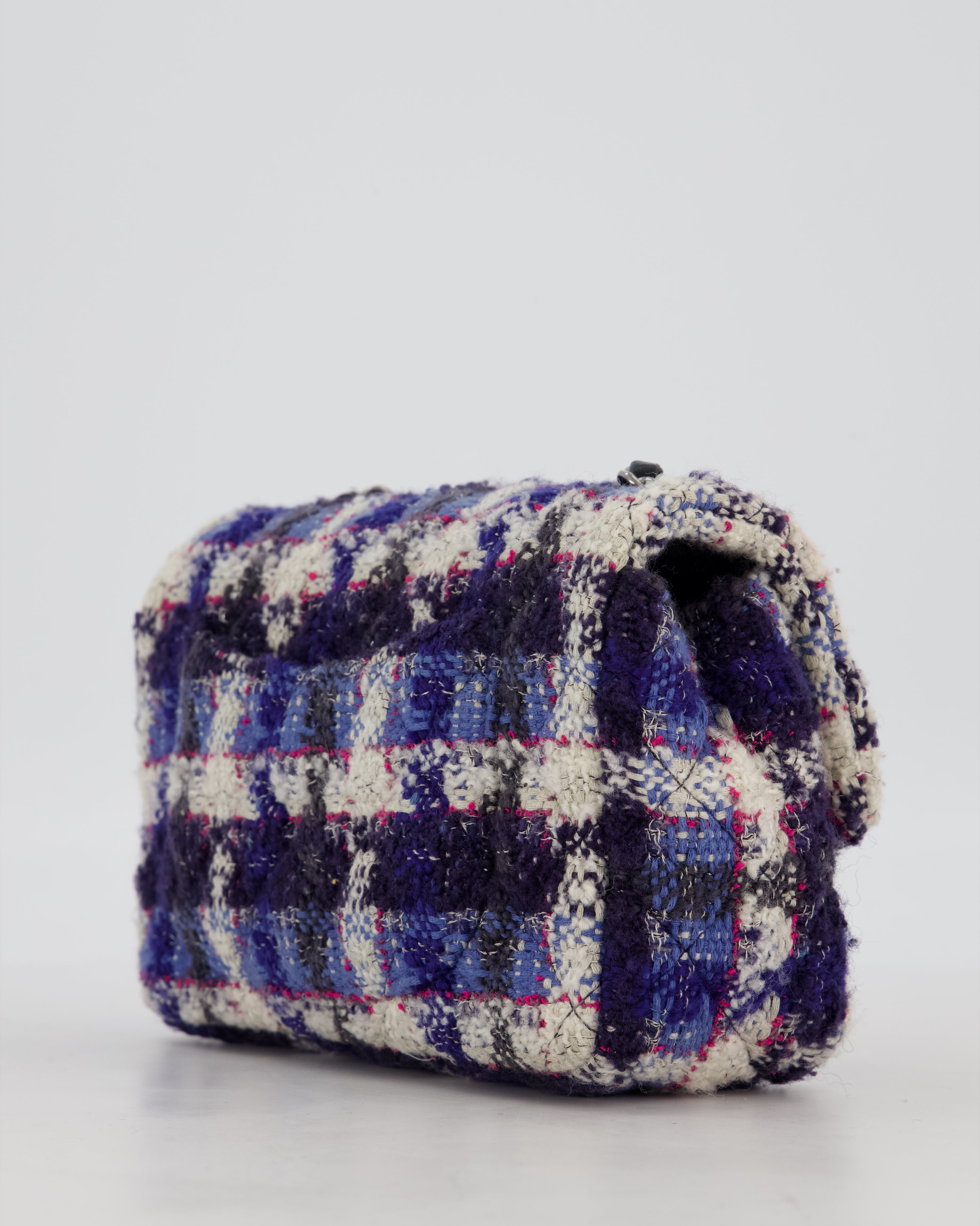 Chanel Navy, Cream, Blue and Pink Tweed Mini Rectangular Flap Bag with Silver Hardware