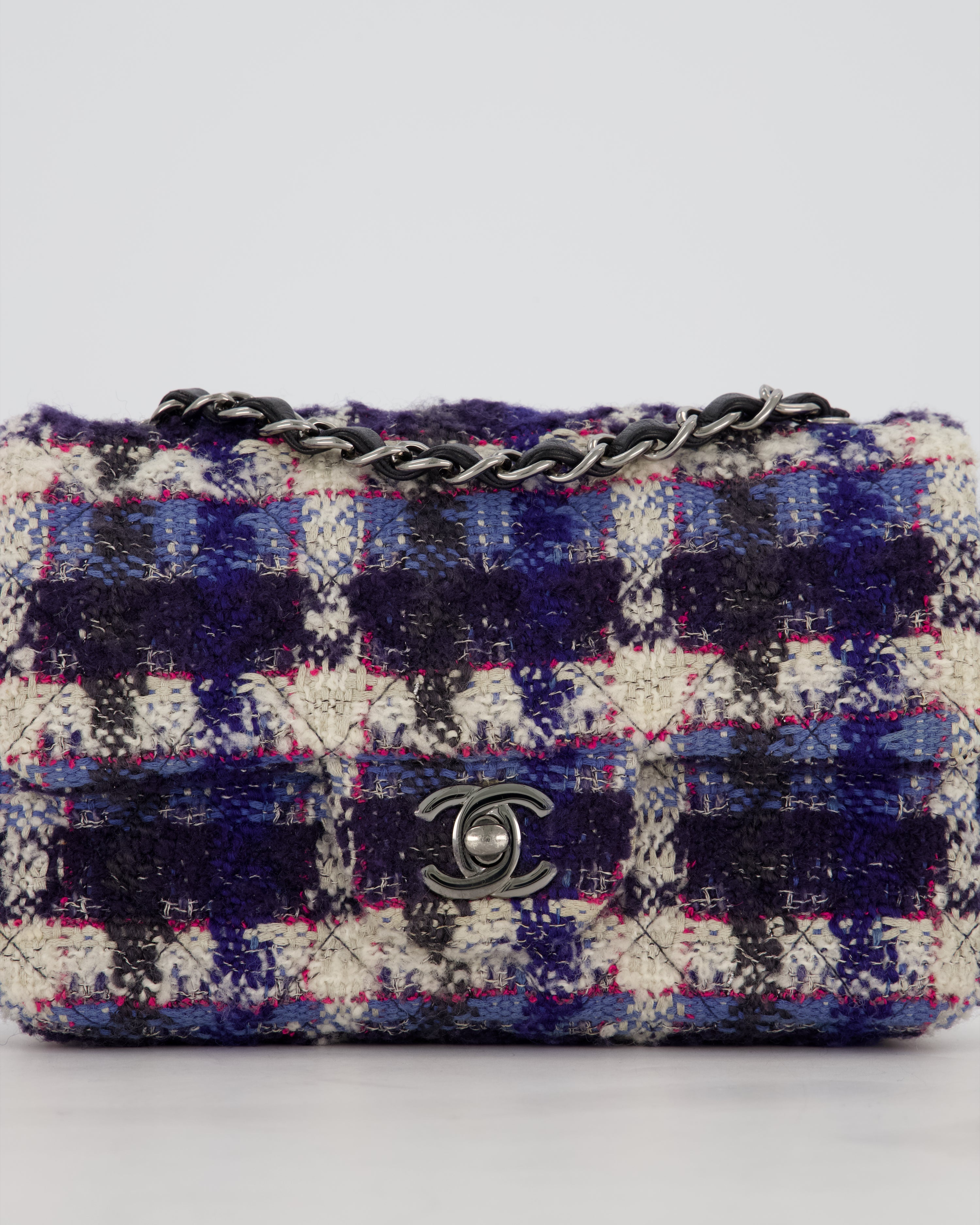 Chanel Navy, Cream, Blue and Pink Tweed Mini Rectangular Flap Bag with Silver Hardware