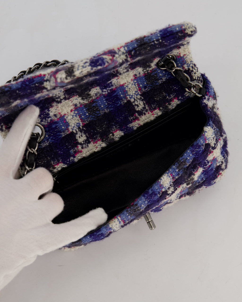 Chanel Navy, Cream, Blue and Pink Tweed Mini Rectangular Flap Bag with Silver Hardware