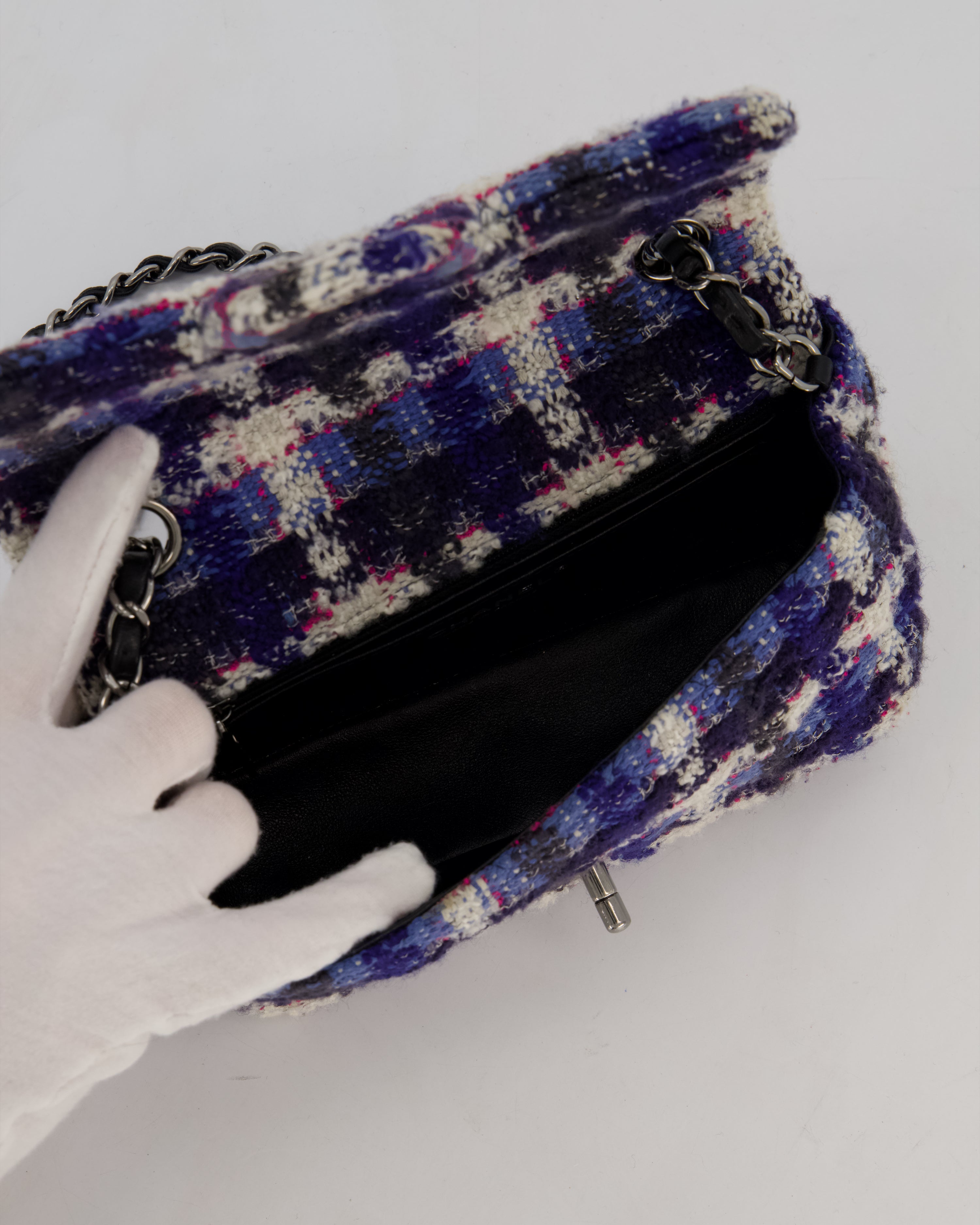 Chanel Navy, Cream, Blue and Pink Tweed Mini Rectangular Flap Bag with Silver Hardware