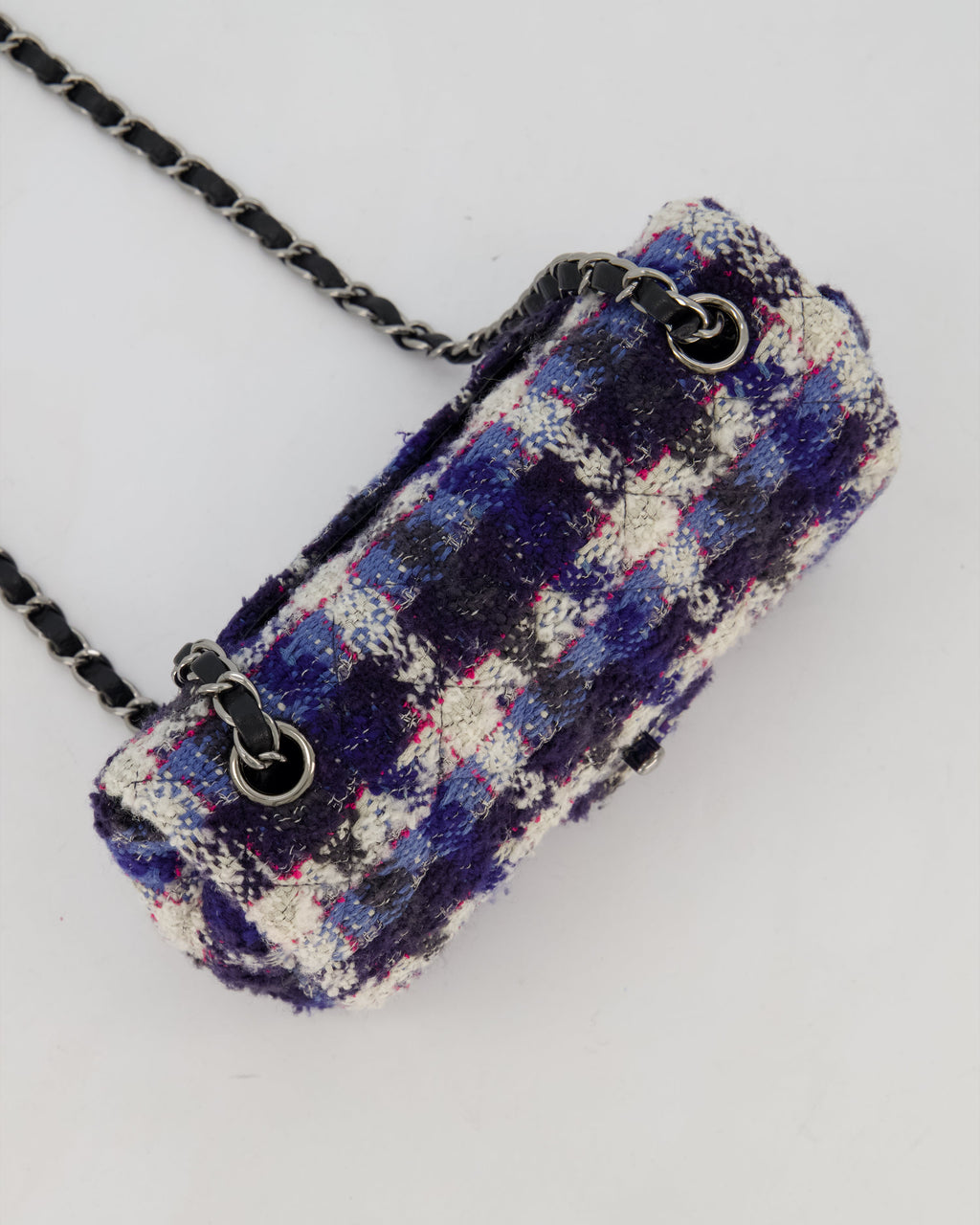 Chanel Navy, Cream, Blue and Pink Tweed Mini Rectangular Flap Bag with Silver Hardware