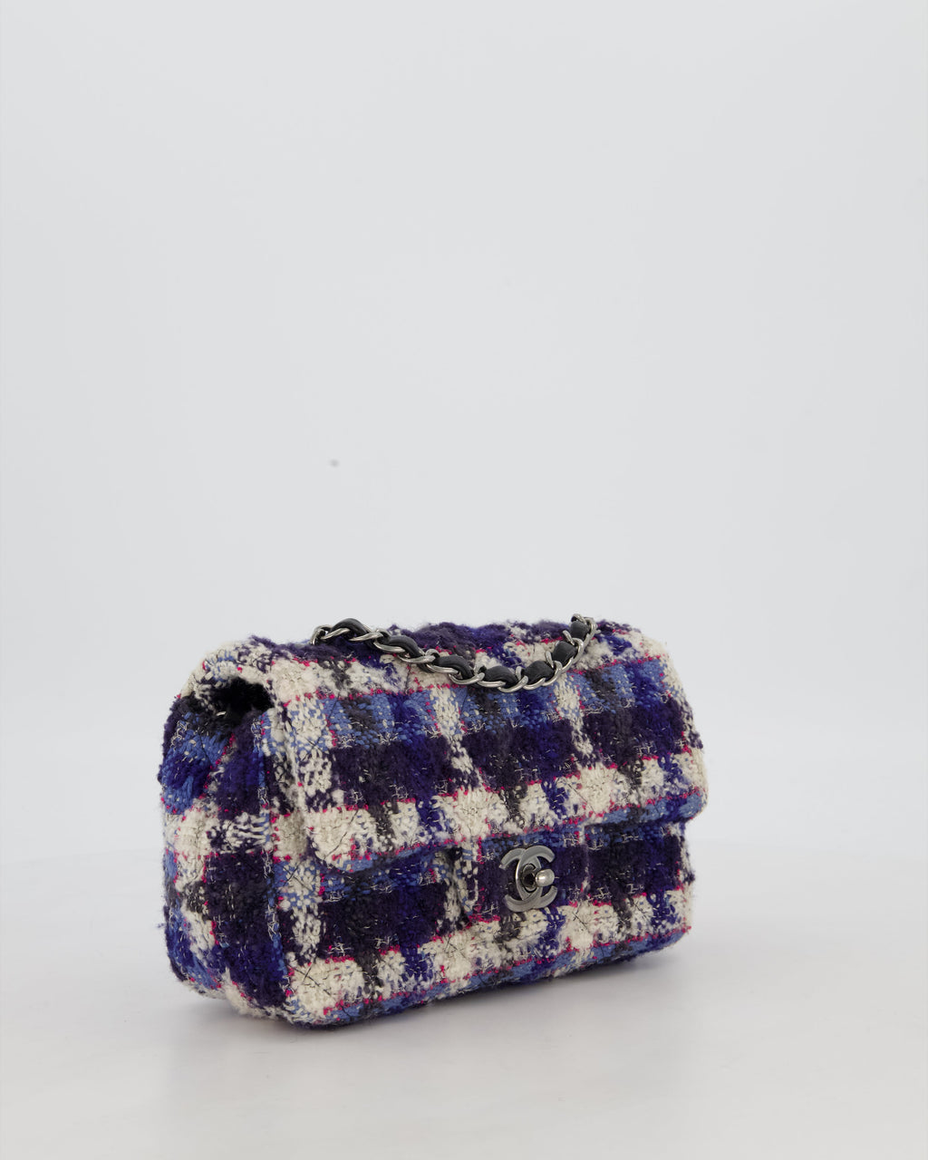 Chanel Navy, Cream, Blue and Pink Tweed Mini Rectangular Flap Bag with Silver Hardware