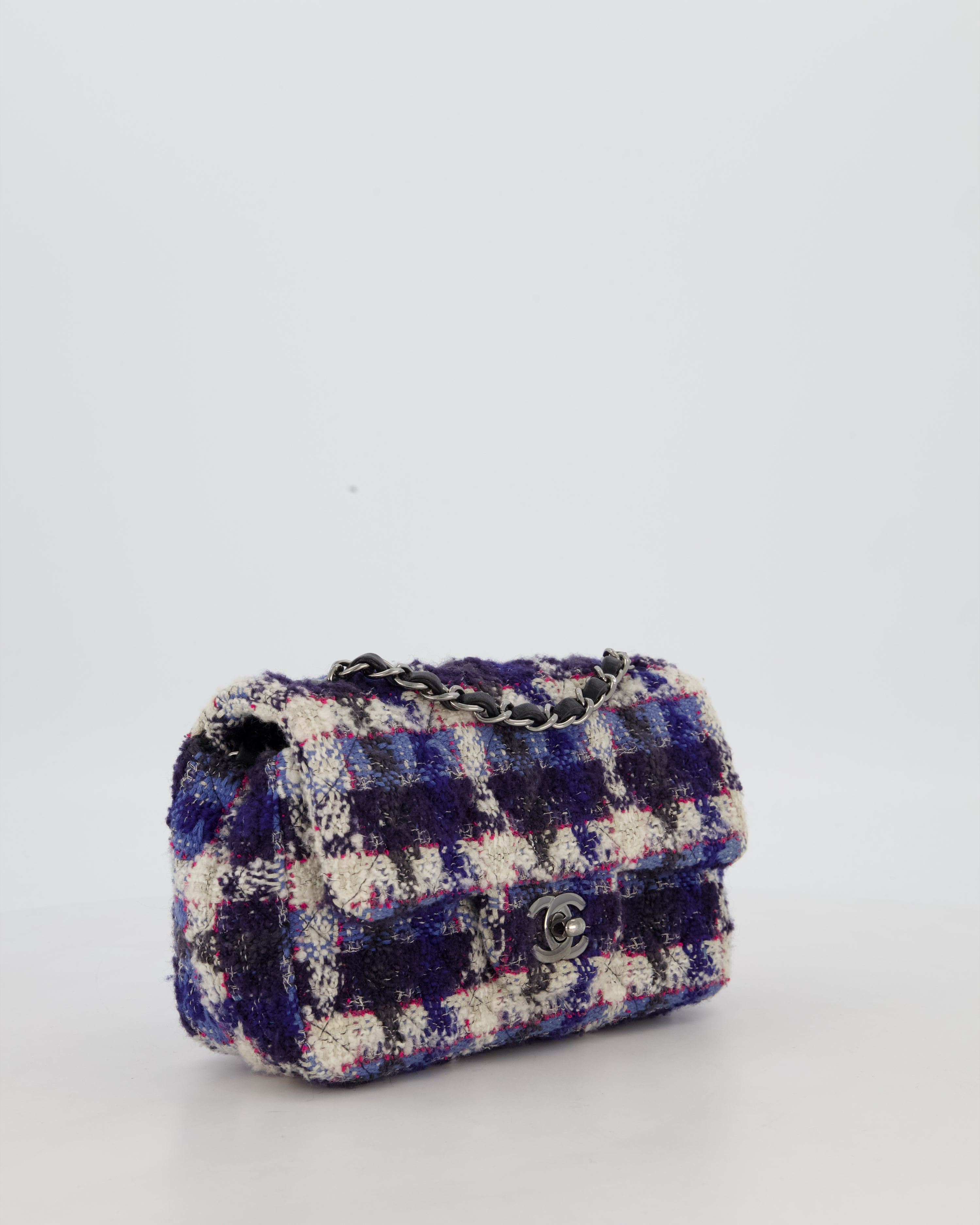 Chanel Navy, Cream, Blue and Pink Tweed Mini Rectangular Flap Bag with Silver Hardware