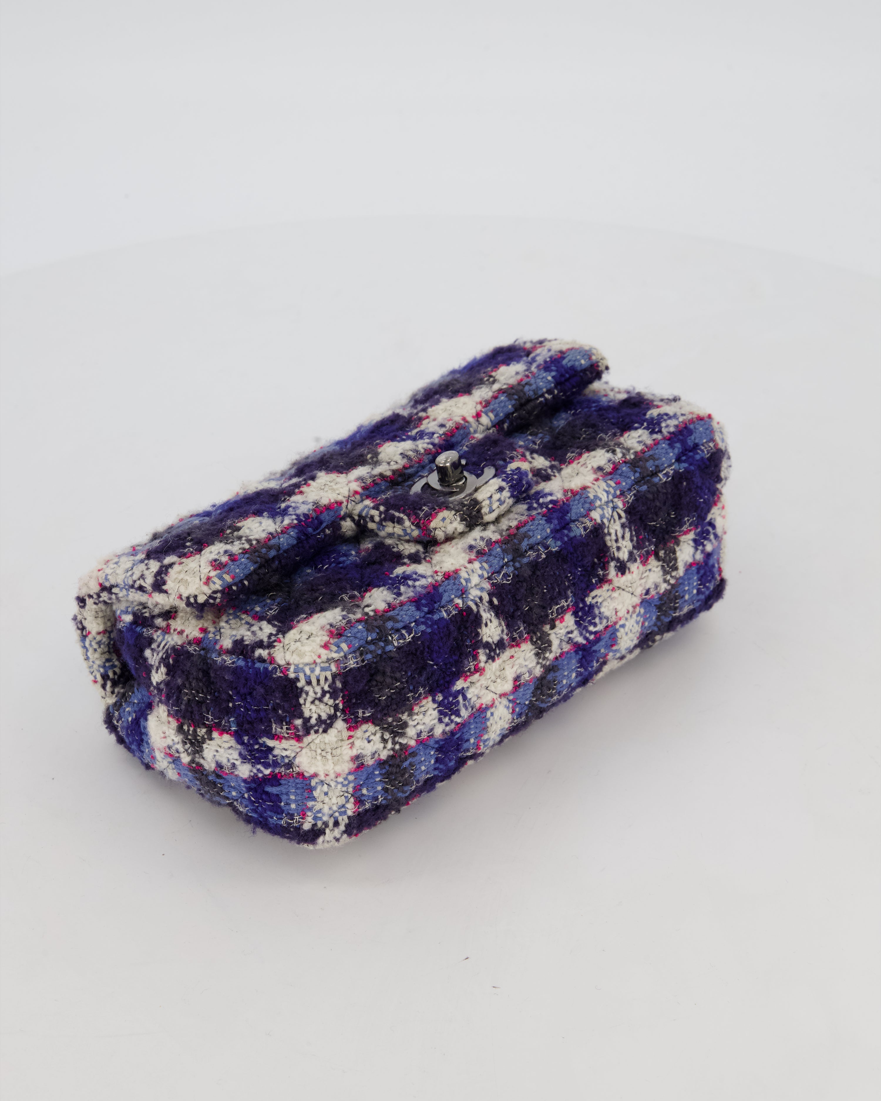 Chanel Navy, Cream, Blue and Pink Tweed Mini Rectangular Flap Bag with Silver Hardware