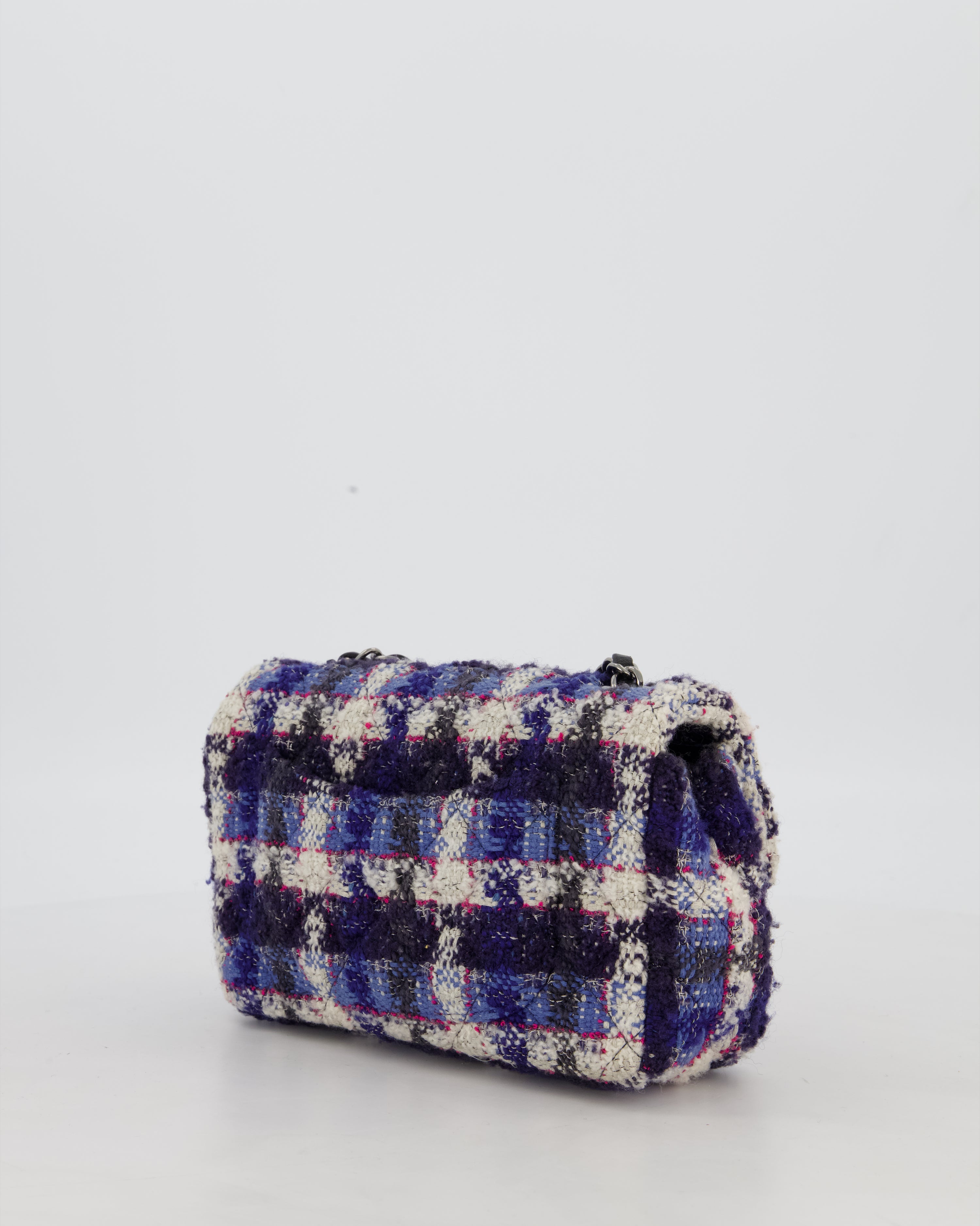Chanel Navy, Cream, Blue and Pink Tweed Mini Rectangular Flap Bag with Silver Hardware