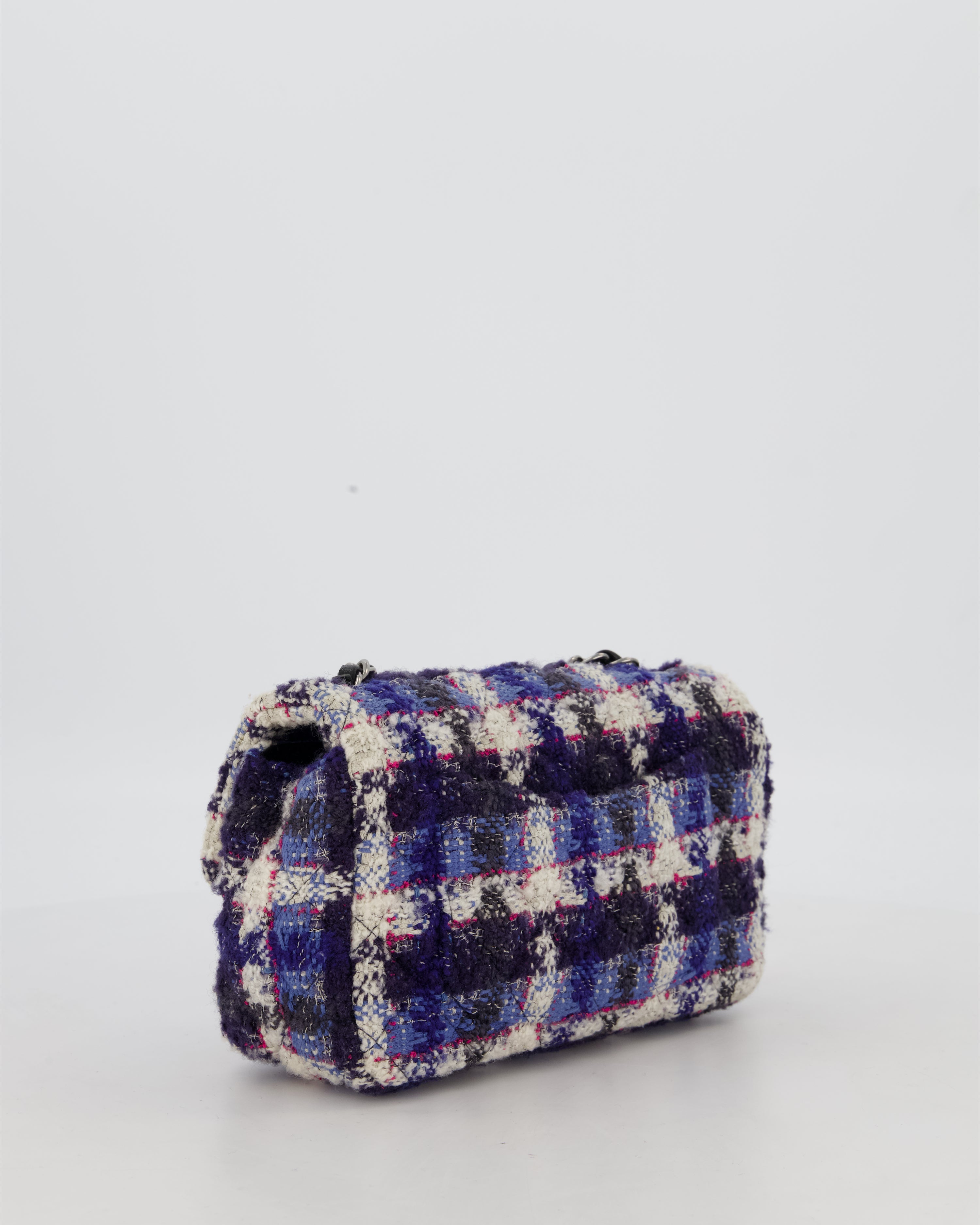Chanel Navy, Cream, Blue and Pink Tweed Mini Rectangular Flap Bag with Silver Hardware