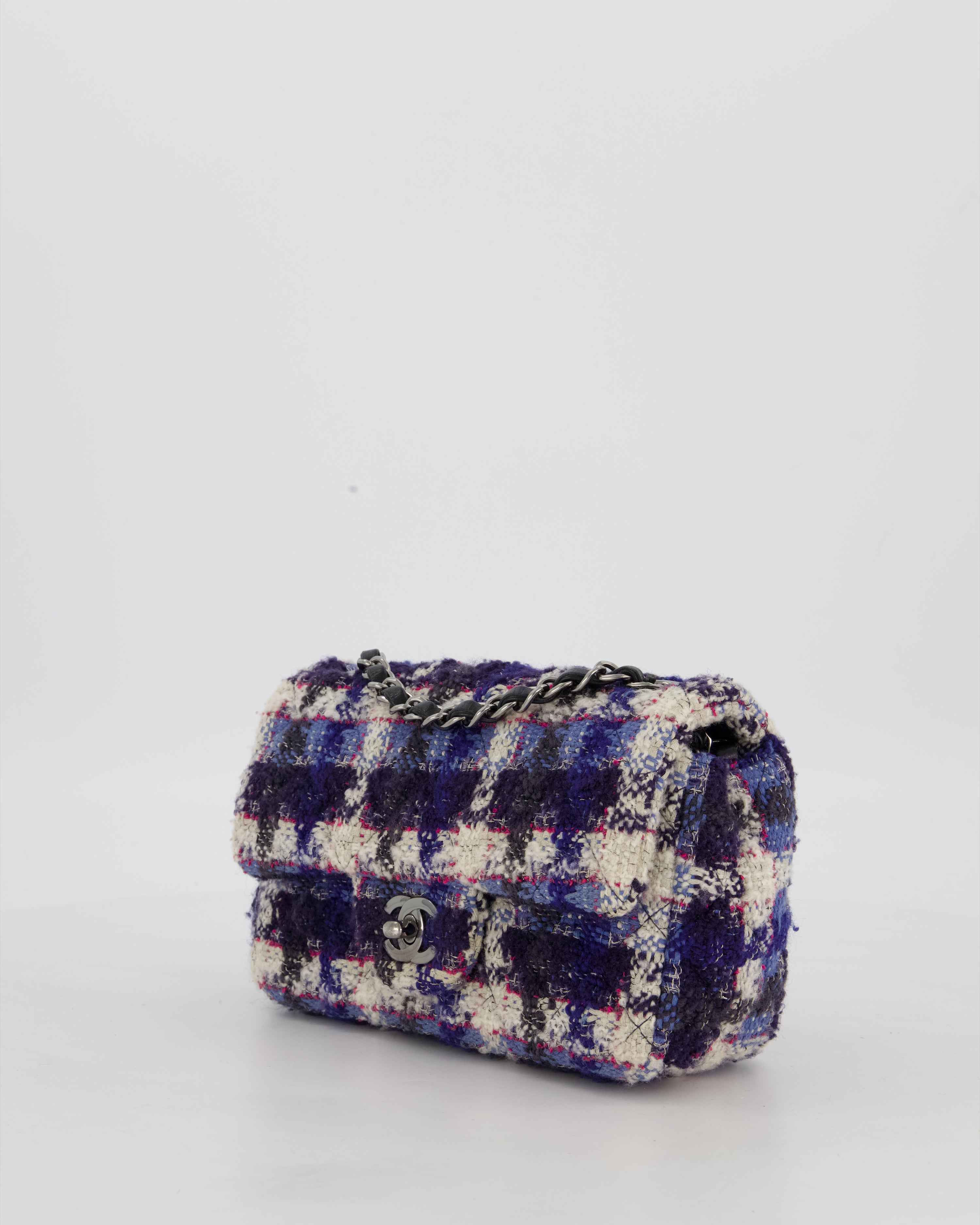 Chanel Navy, Cream, Blue and Pink Tweed Mini Rectangular Flap Bag with Silver Hardware