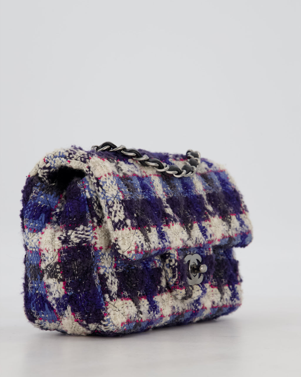 Chanel Navy, Cream, Blue and Pink Tweed Mini Rectangular Flap Bag with Silver Hardware