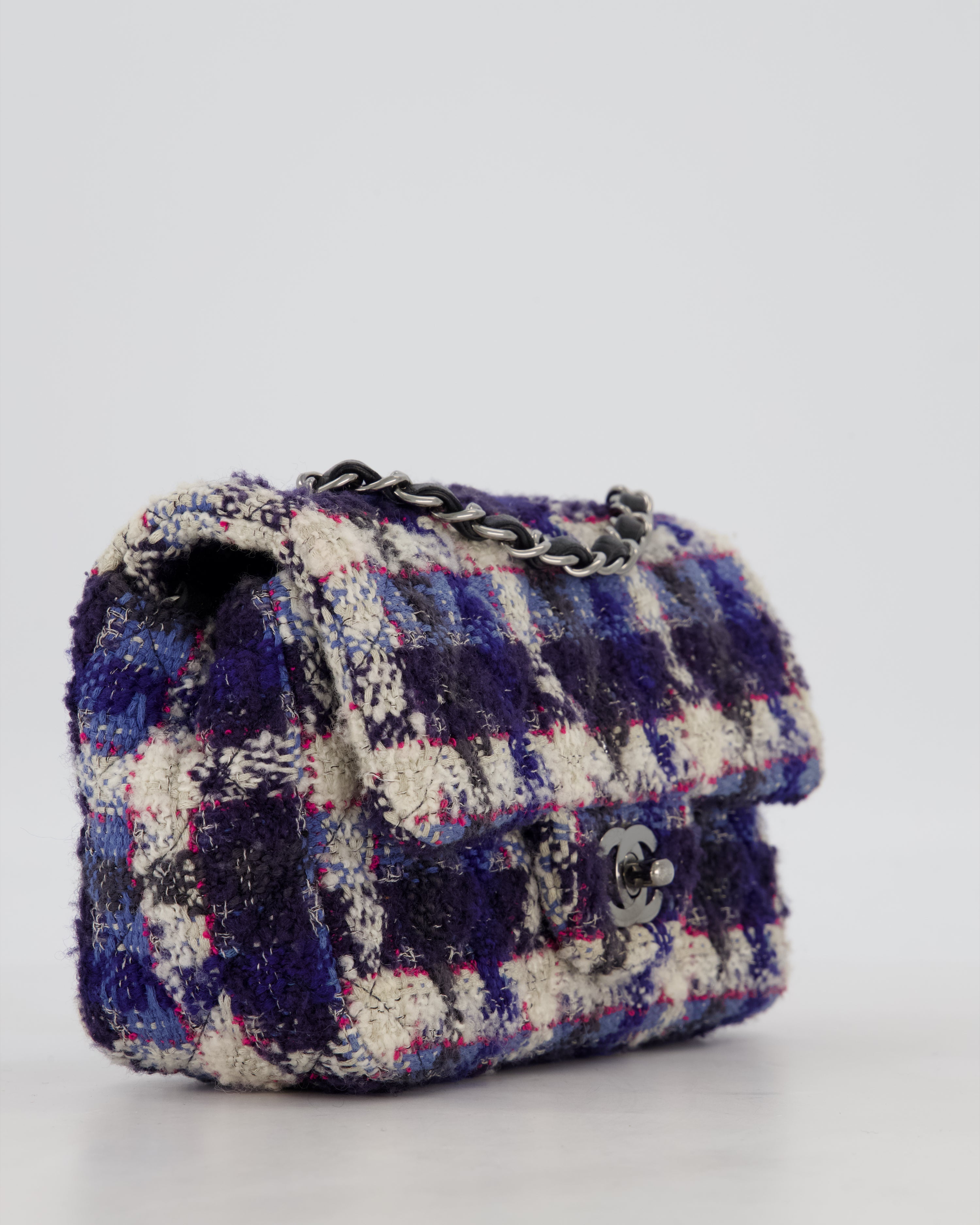 Chanel Navy, Cream, Blue and Pink Tweed Mini Rectangular Flap Bag with Silver Hardware