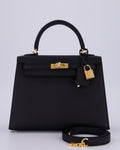 *HOT* Hermès Kelly 25 Sellier Bag in Noir Epsom Leather with Gold Hardware