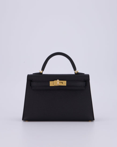 *HOT* Hermès Mini Kelly II 20 Bag in Noir Epsom Leather with Gold Hardware