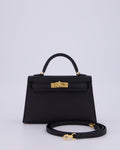 *HOT* Hermès Mini Kelly II 20 Bag in Noir Epsom Leather with Gold Hardware