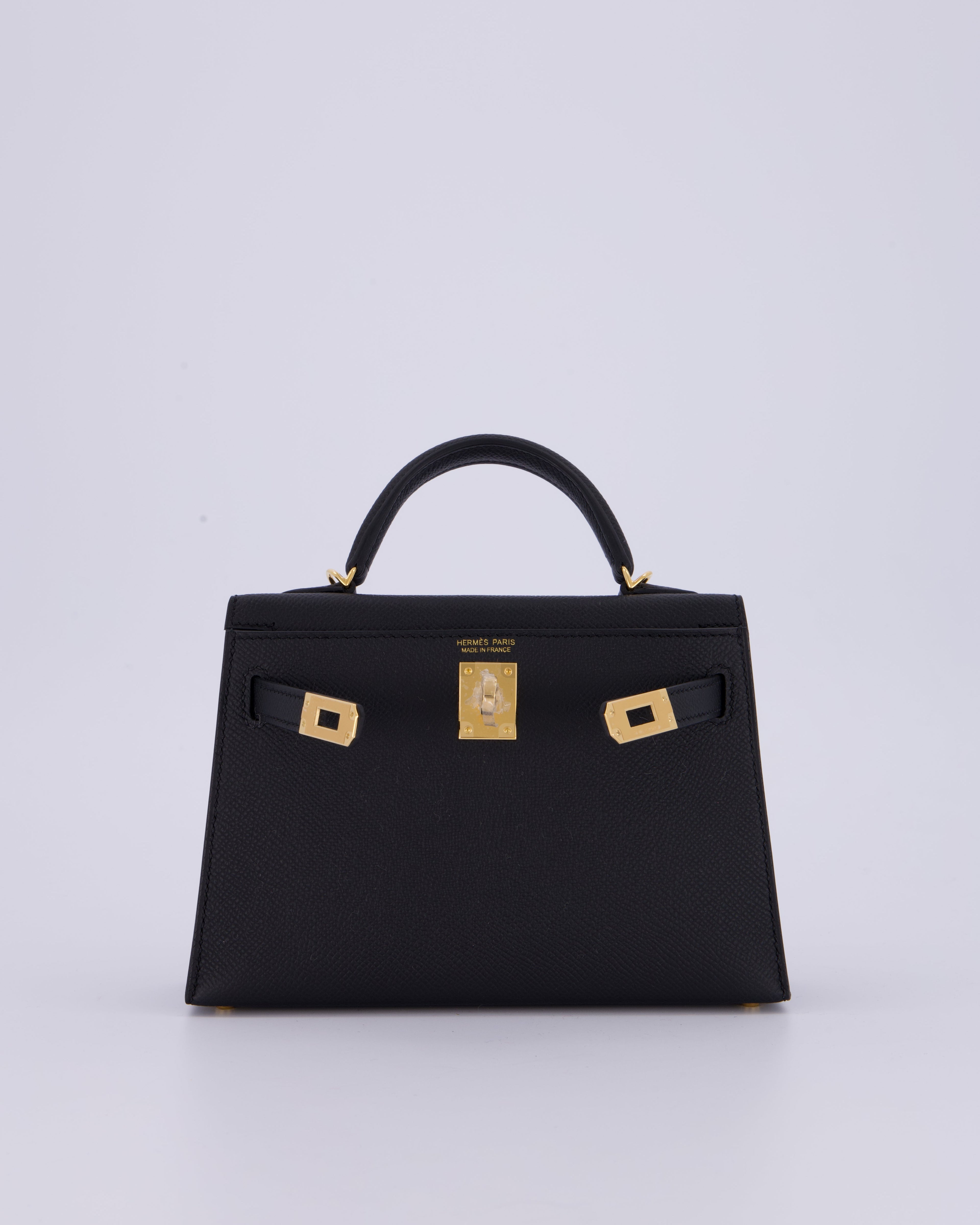 *HOT* Hermès Mini Kelly II 20 Bag in Noir Epsom Leather with Gold Hardware