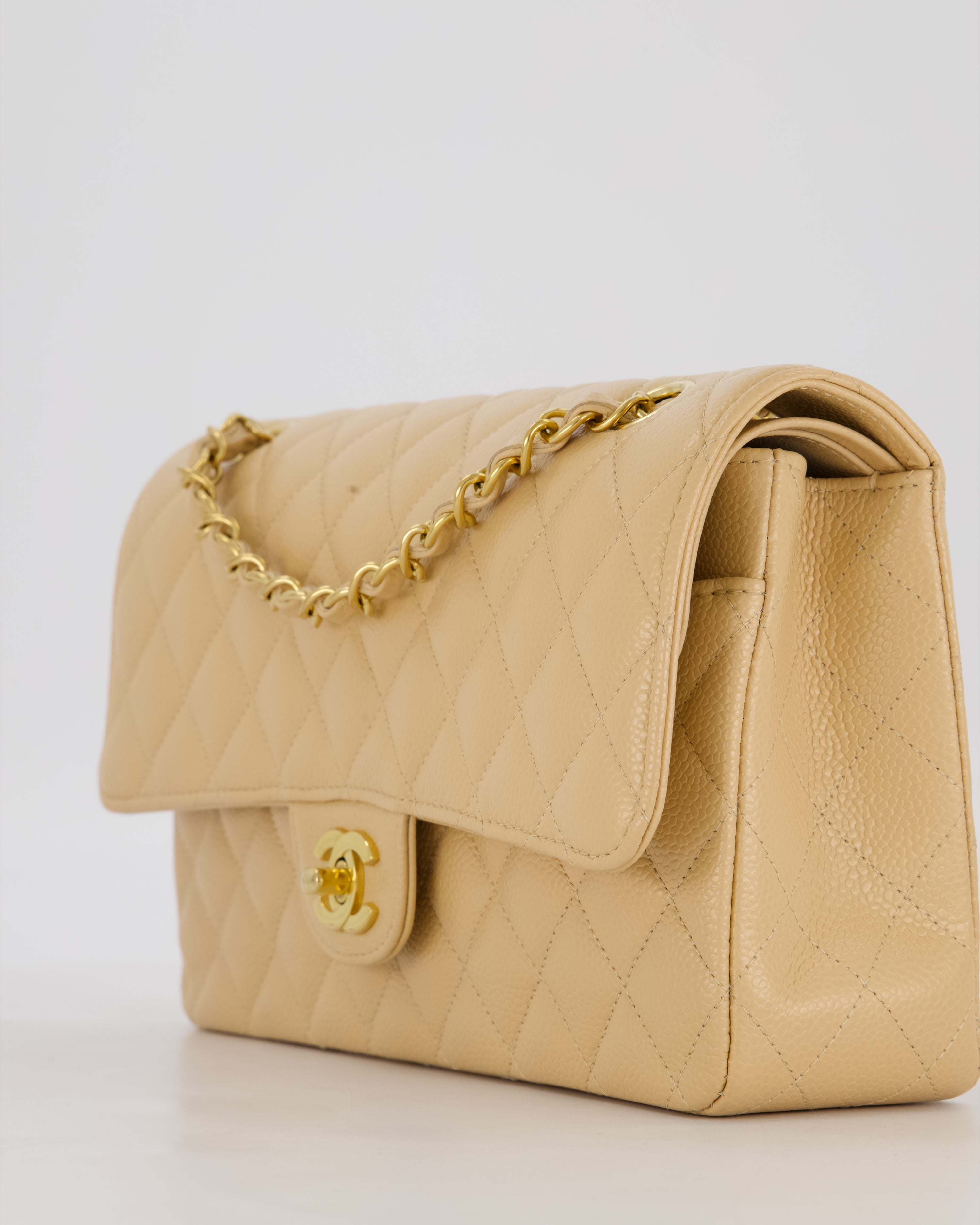 Chanel Medium Classic Double Flap Bag in Beige Clair Caviar Leather with Gold Hardware