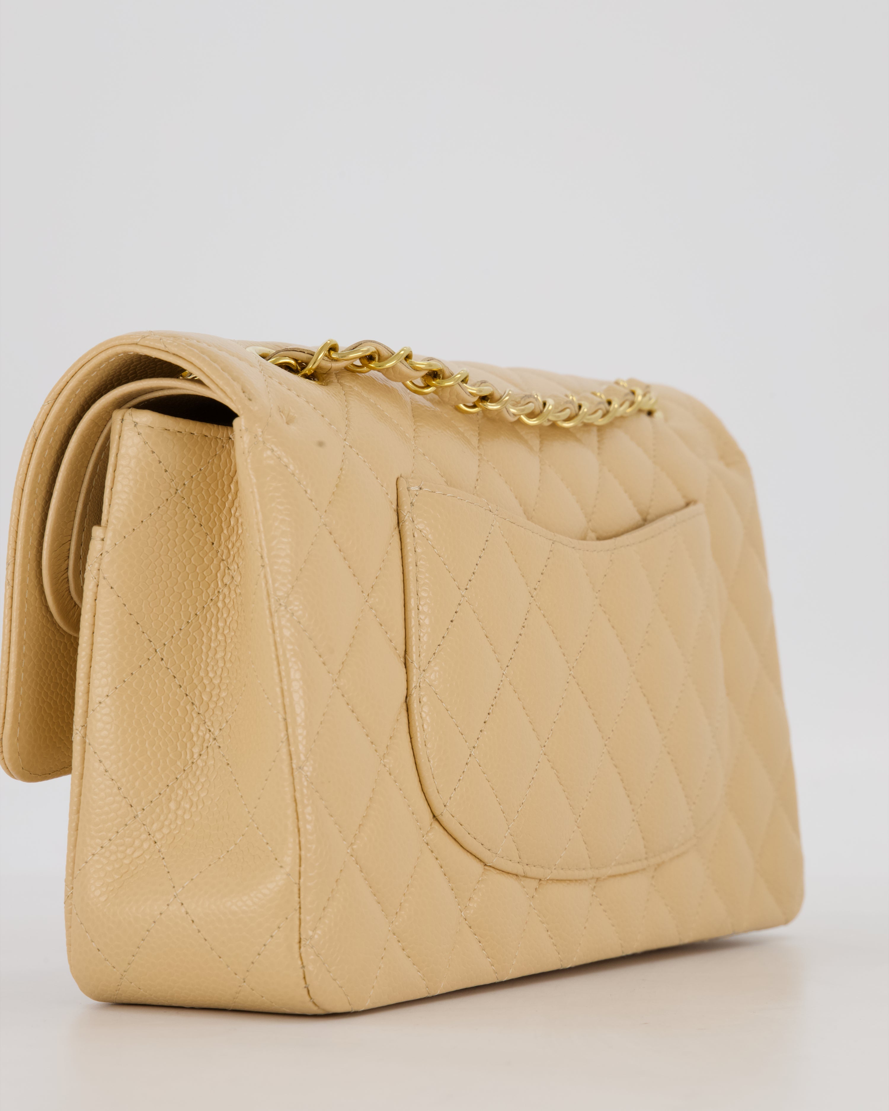 Chanel Medium Classic Double Flap Bag in Beige Clair Caviar Leather with Gold Hardware