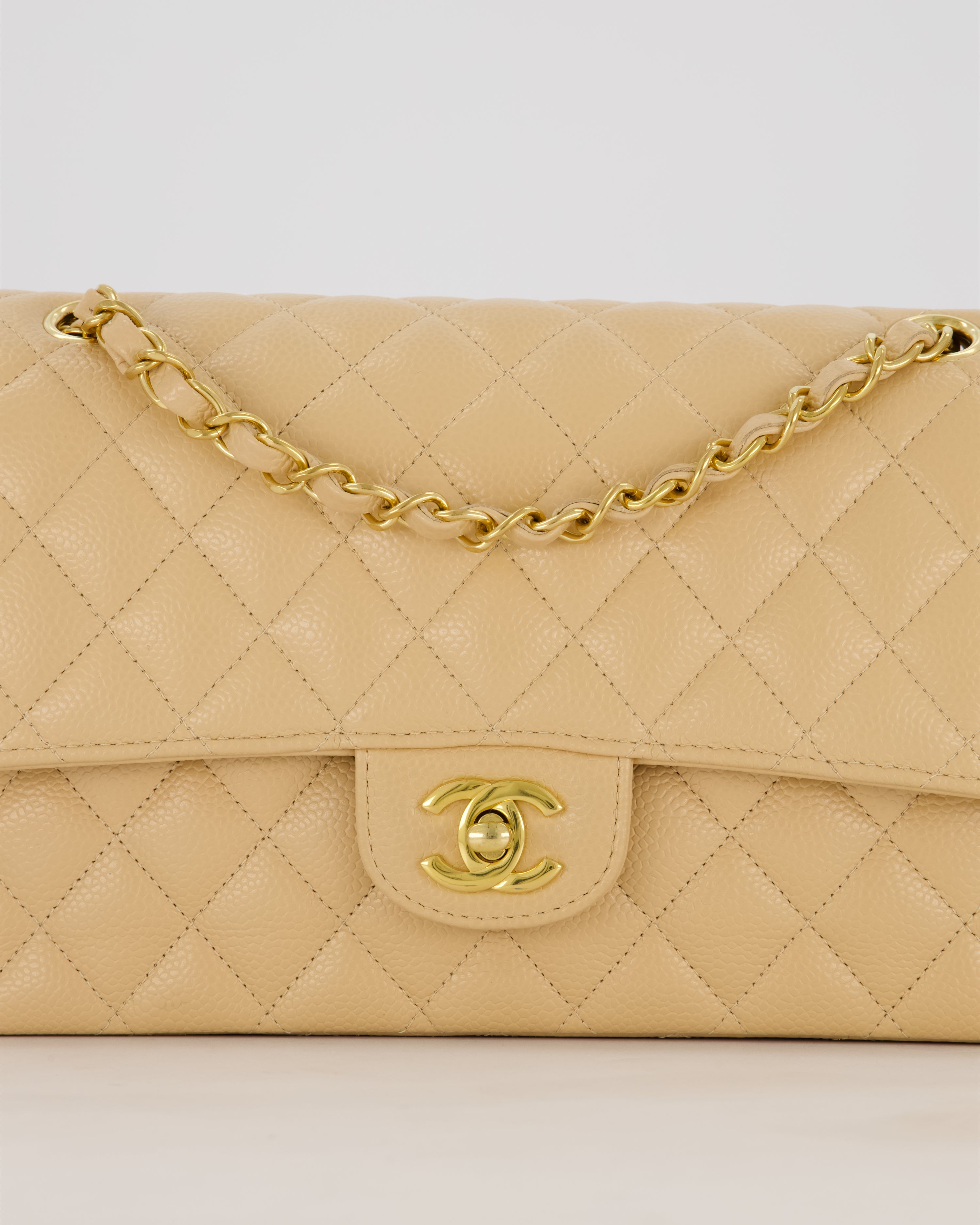 Chanel Medium Classic Double Flap Bag in Beige Clair Caviar Leather with Gold Hardware