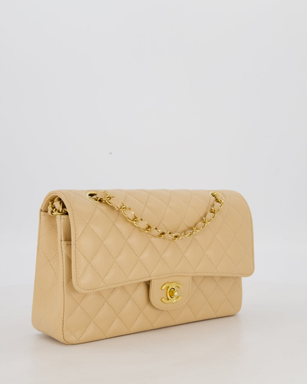 Chanel Medium Classic Double Flap Bag in Beige Clair Caviar Leather with Gold Hardware