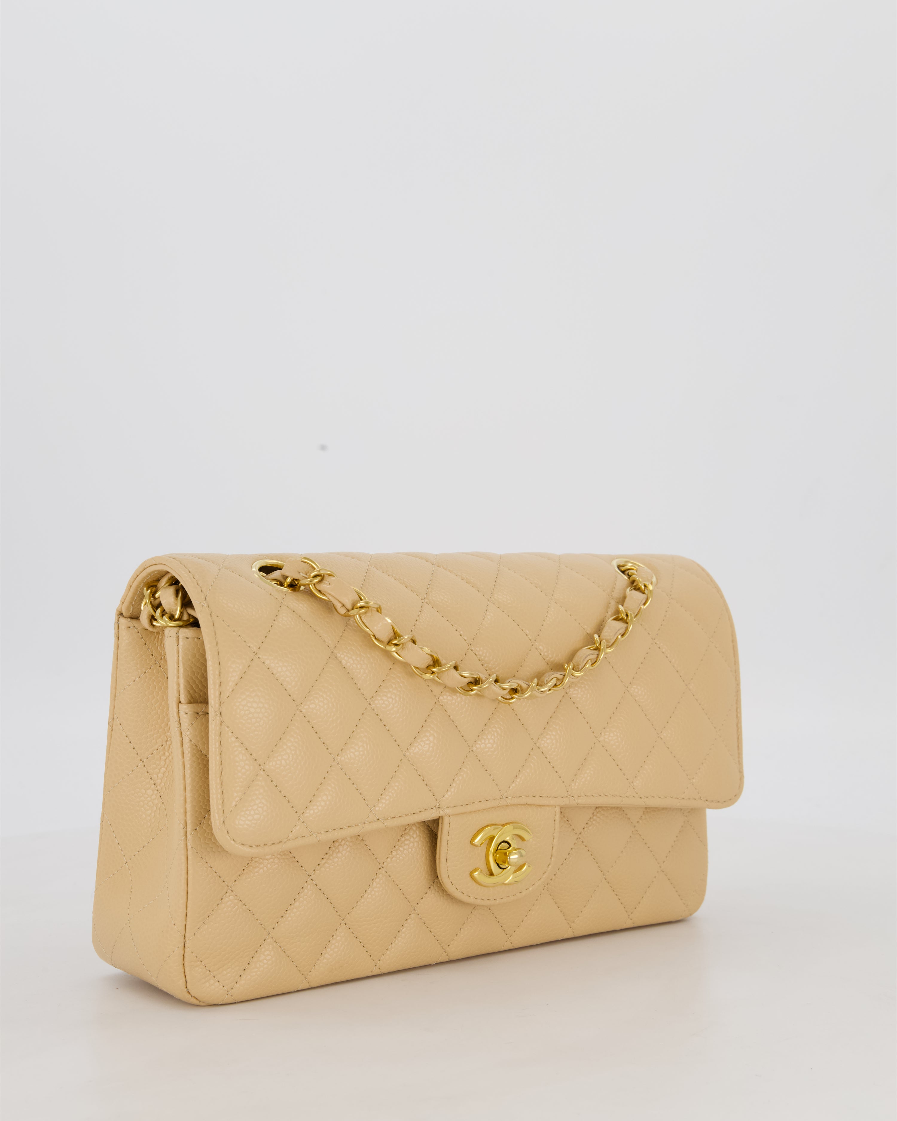 Chanel Medium Classic Double Flap Bag in Beige Clair Caviar Leather with Gold Hardware