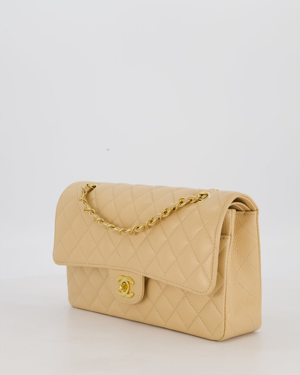 Chanel Medium Classic Double Flap Bag in Beige Clair Caviar Leather with Gold Hardware