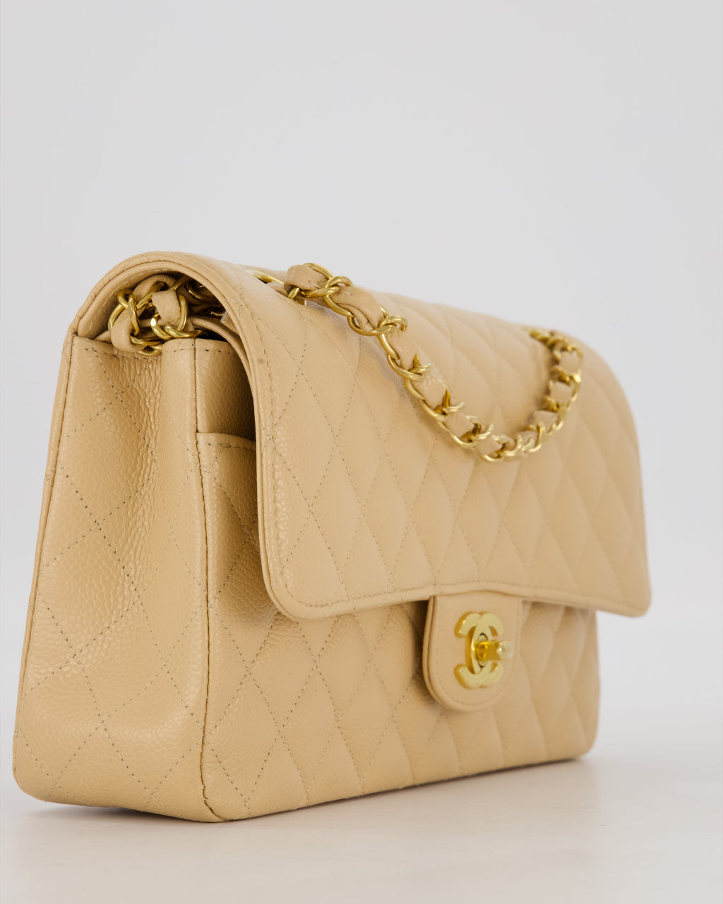 Chanel Medium Classic Double Flap Bag in Beige Clair Caviar Leather with Gold Hardware