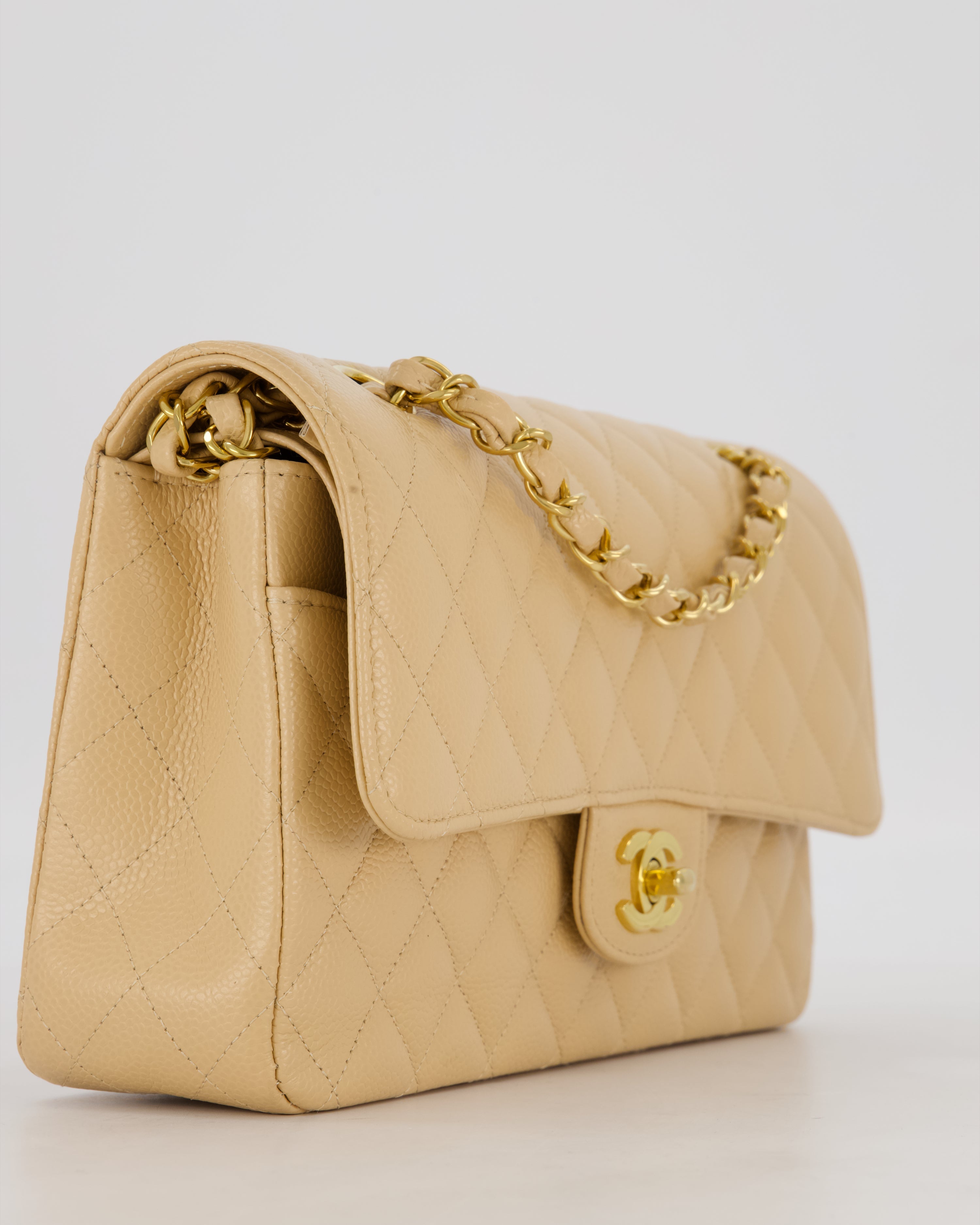 Chanel Medium Classic Double Flap Bag in Beige Clair Caviar Leather with Gold Hardware