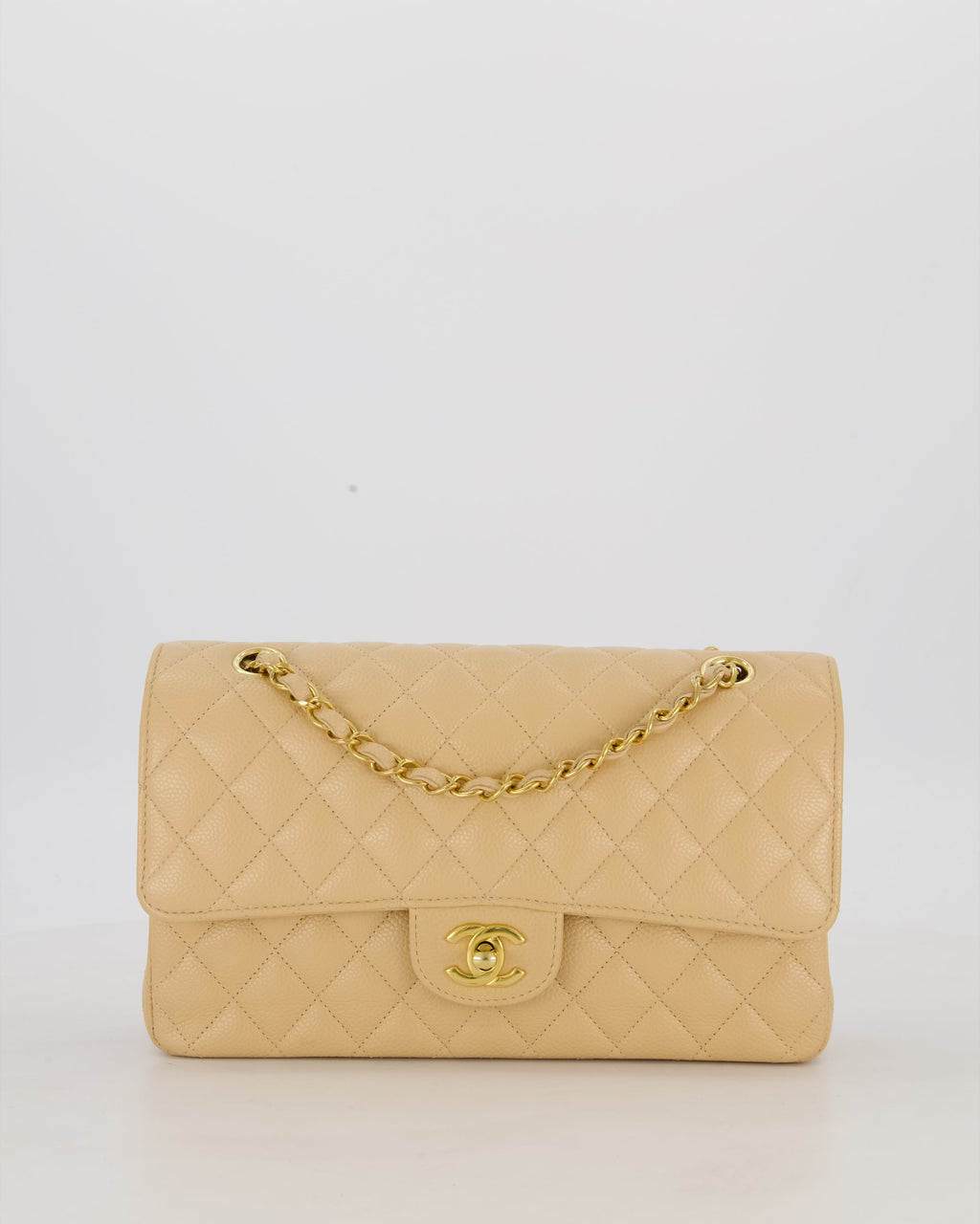 Chanel Medium Classic Double Flap Bag in Beige Clair Caviar Leather with Gold Hardware