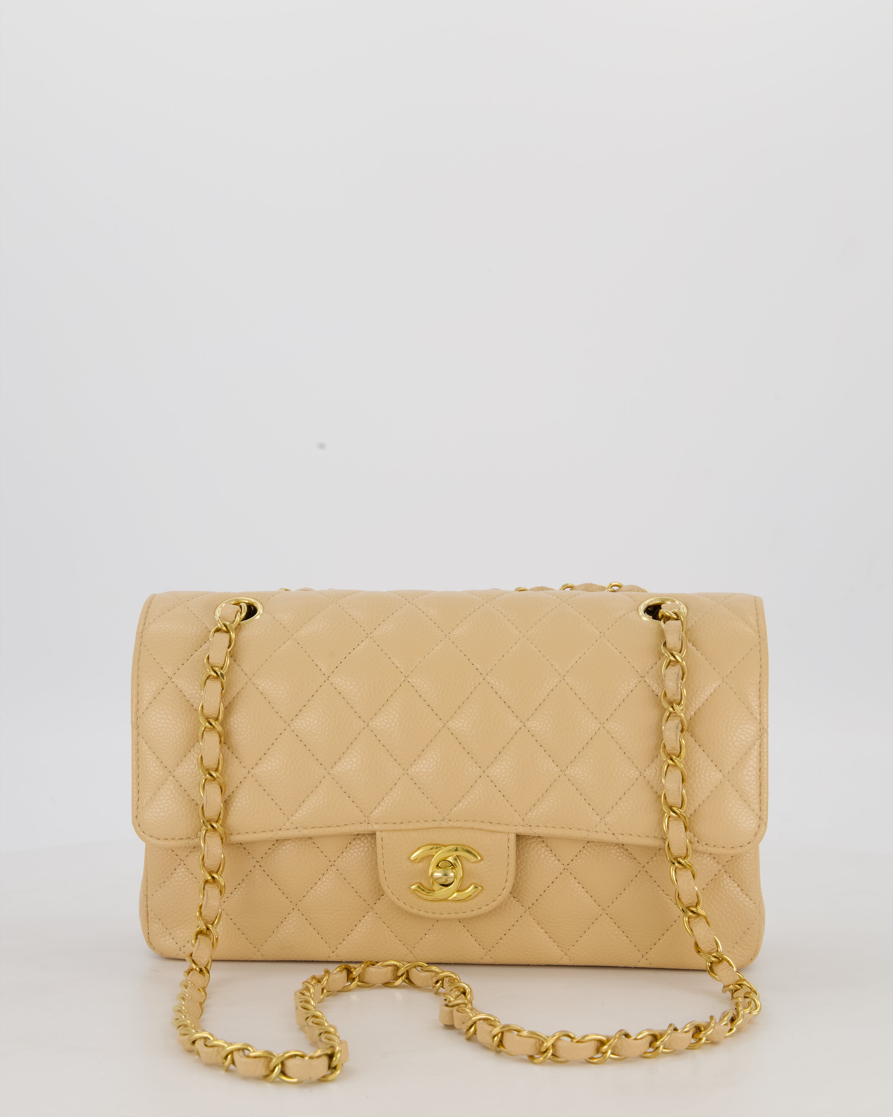 Chanel Medium Classic Double Flap Bag in Beige Clair Caviar Leather with Gold Hardware