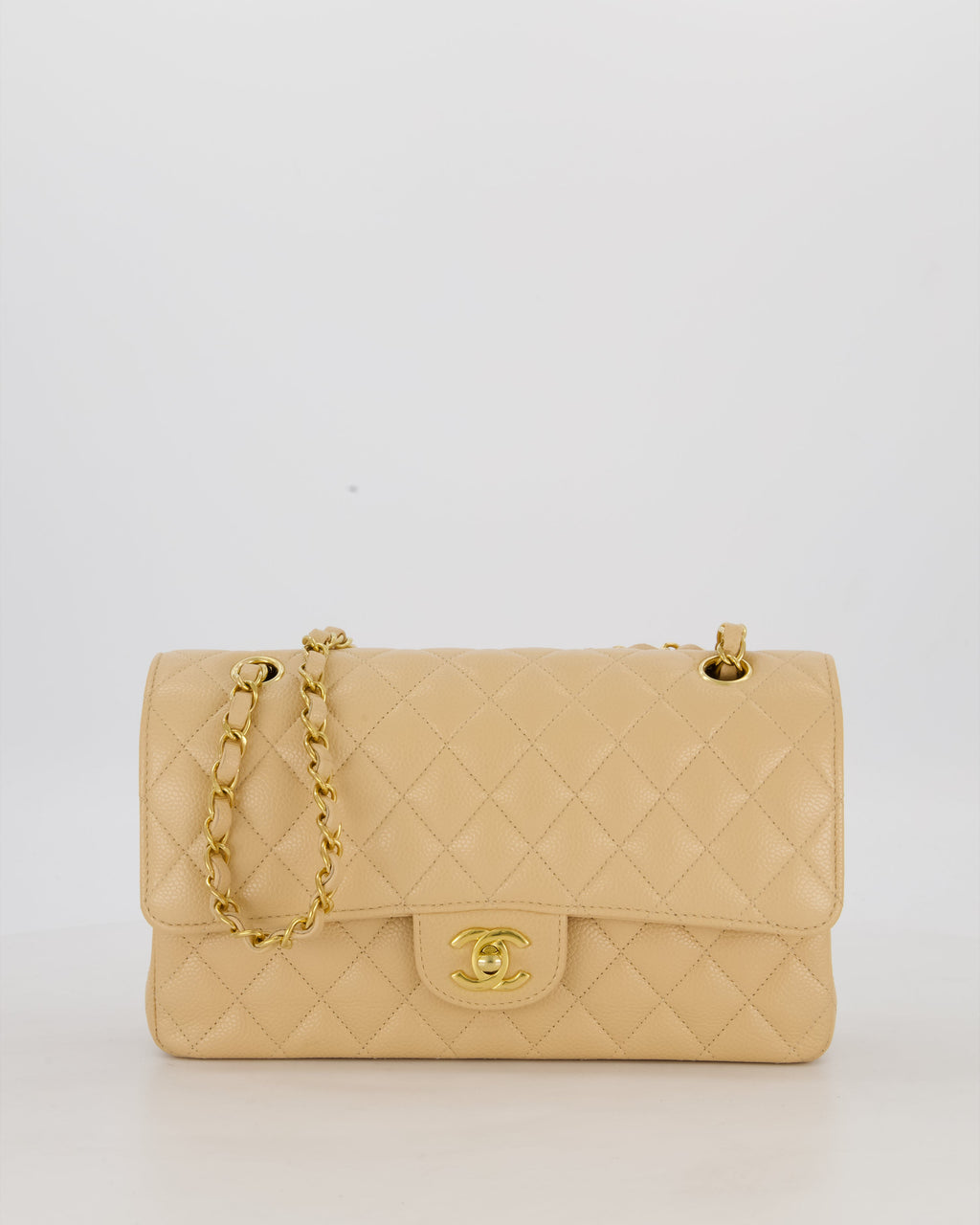 Chanel Medium Classic Double Flap Bag in Beige Clair Caviar Leather with Gold Hardware